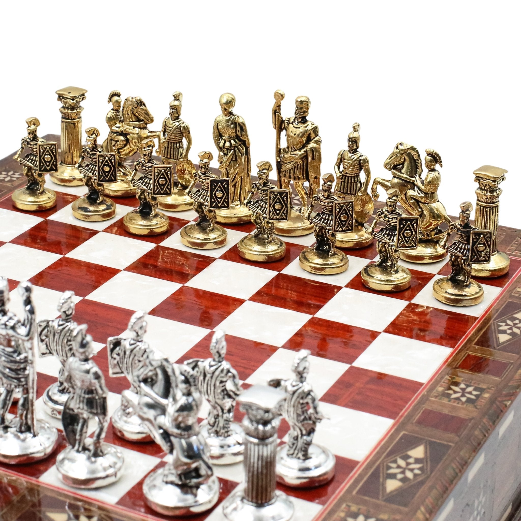 Handmade Inlay Chess Set with Drawer Storage 30 CM (12") - Die Cast Metal Pieces | Roman Empire - Cooper Chess