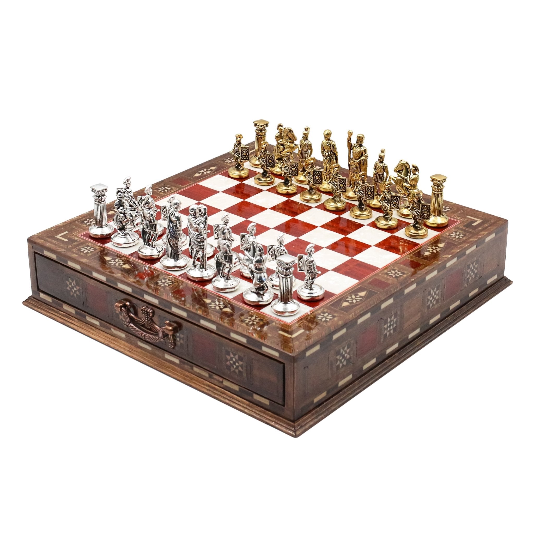 Handmade Inlay Chess Set with Drawer Storage 30 CM (12") - Die Cast Metal Pieces | Roman Empire - Cooper Chess