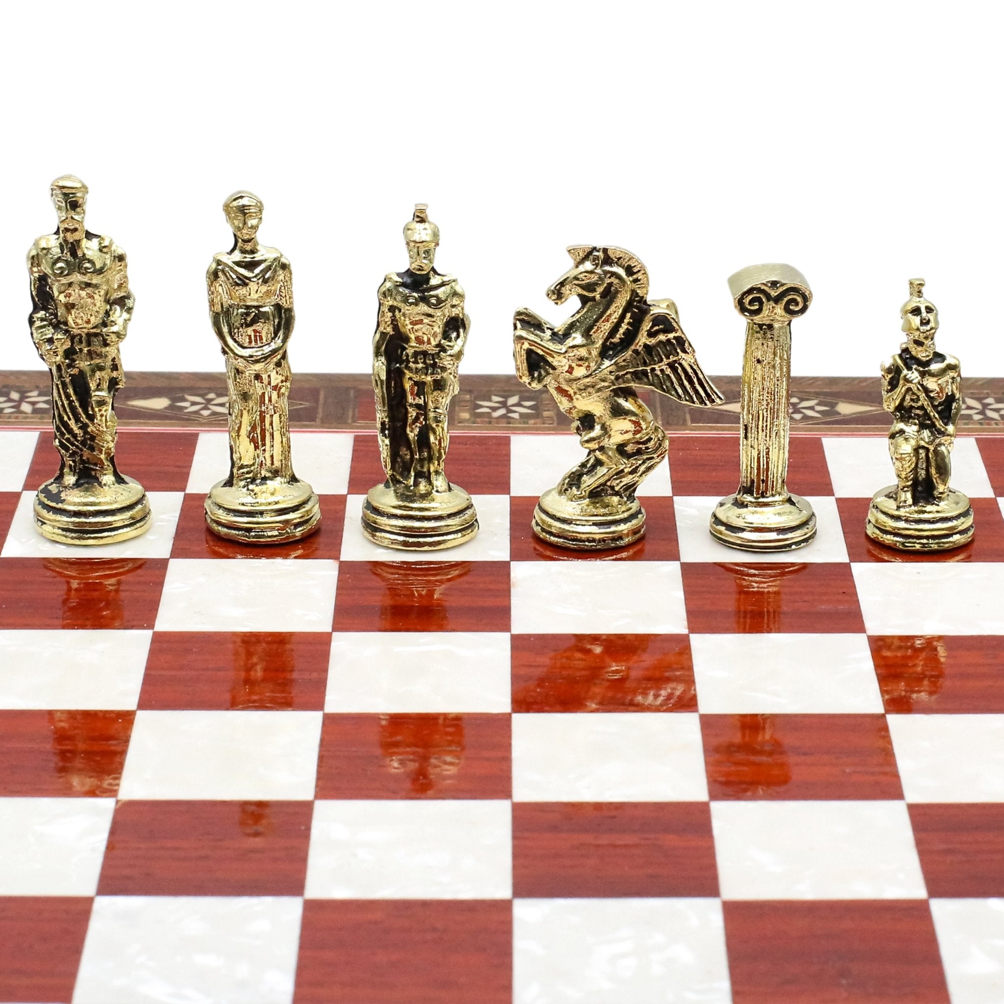 Handmade Inlay Chess Set with Drawer Storage 30 CM (12") - Die Cast Metal Pieces | Greek Mythology Pegasus - Cooper Chess