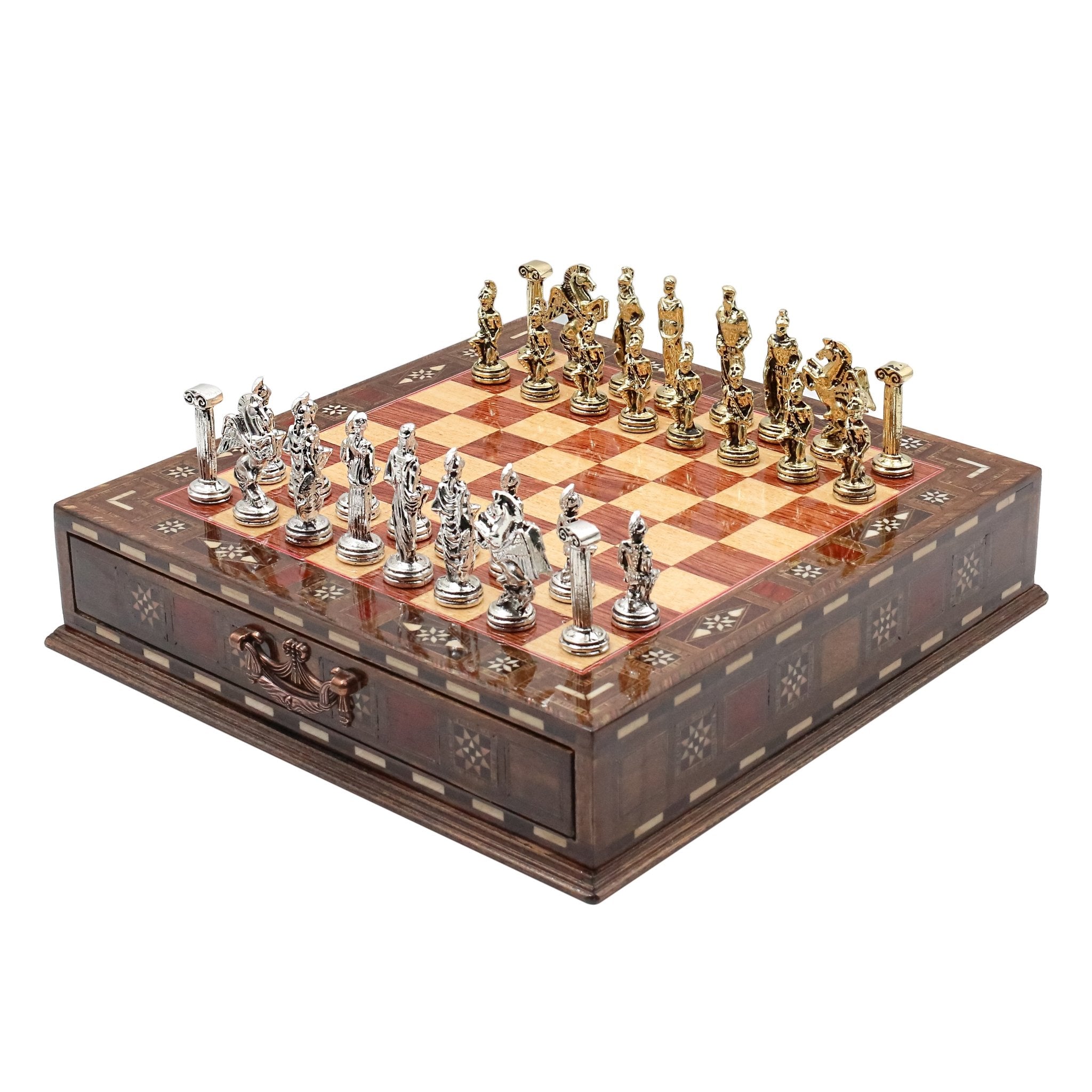 Handmade Inlay Chess Set with Drawer Storage 30 CM (12") - Die Cast Metal Pieces | Greek Mythology Pegasus - Cooper Chess