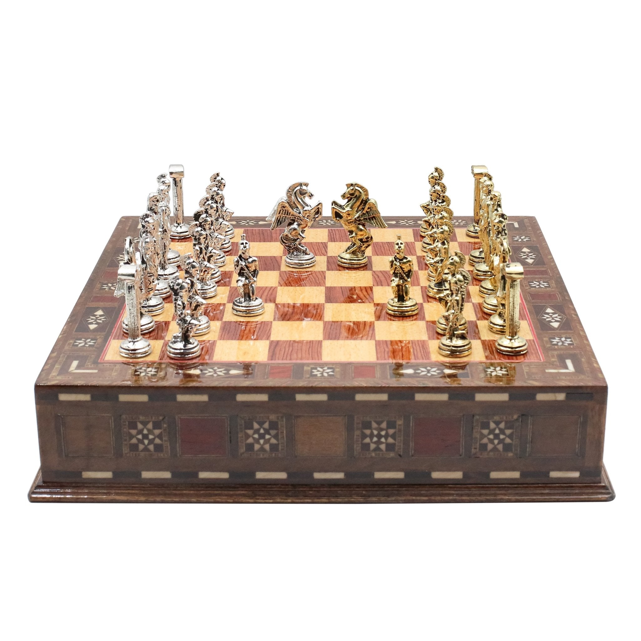 Handmade Inlay Chess Set with Drawer Storage 30 CM (12") - Die Cast Metal Pieces | Greek Mythology Pegasus - Cooper Chess