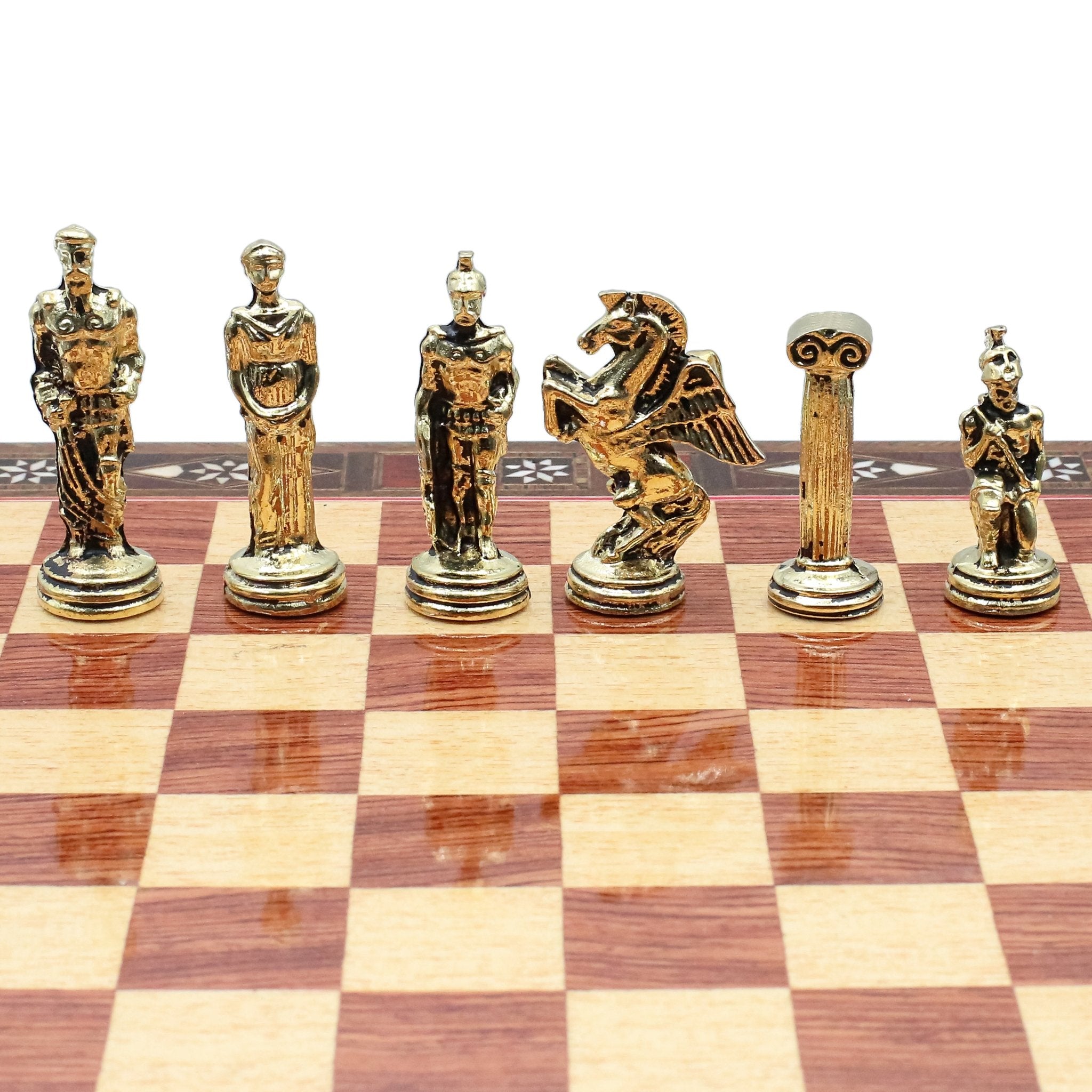 Handmade Inlay Chess Set with Drawer Storage 30 CM (12") - Die Cast Metal Pieces | Greek Mythology Pegasus - Cooper Chess