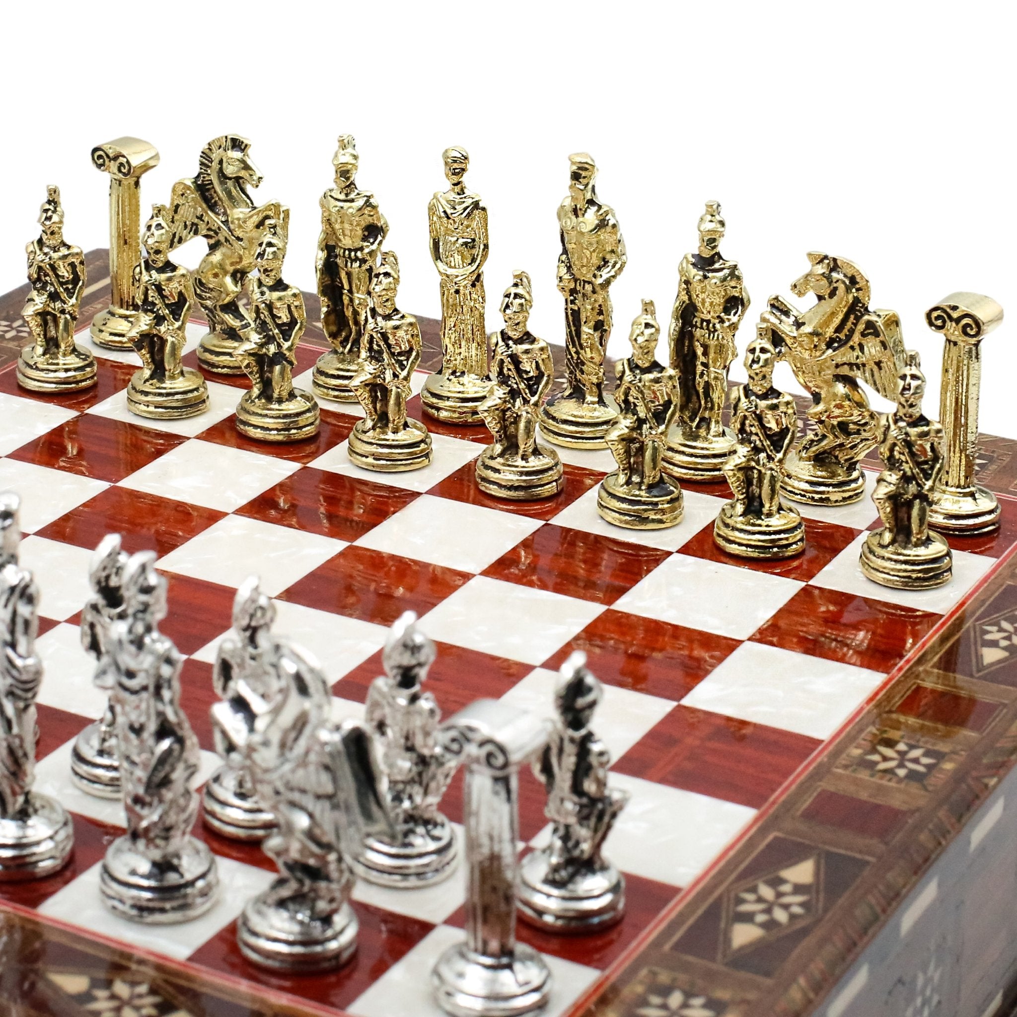 Handmade Inlay Chess Set with Drawer Storage 30 CM (12") - Die Cast Metal Pieces | Greek Mythology Pegasus - Cooper Chess