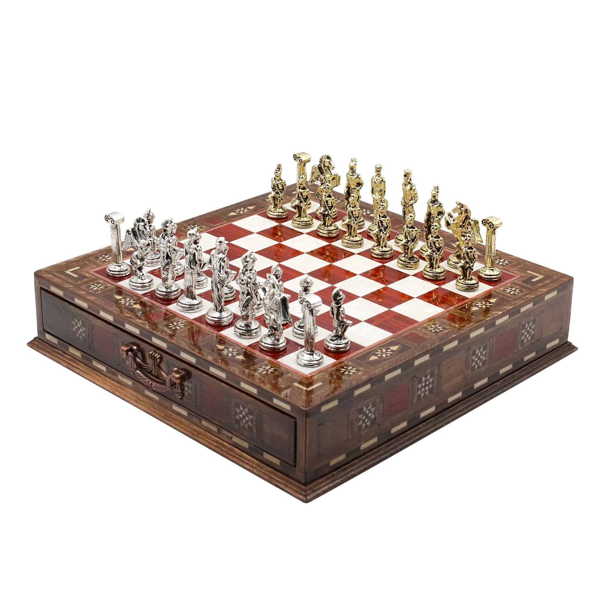 Handmade Inlay Chess Set with Drawer Storage 30 CM (12") - Die Cast Metal Pieces | Greek Mythology Pegasus - Cooper Chess