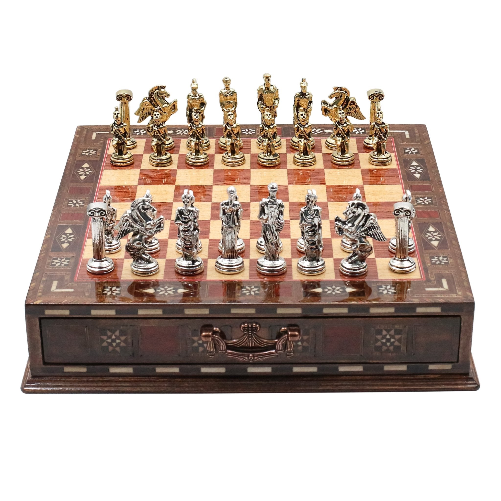 Handmade Inlay Chess Set with Drawer Storage 30 CM (12") - Die Cast Metal Pieces | Greek Mythology Pegasus - Cooper Chess