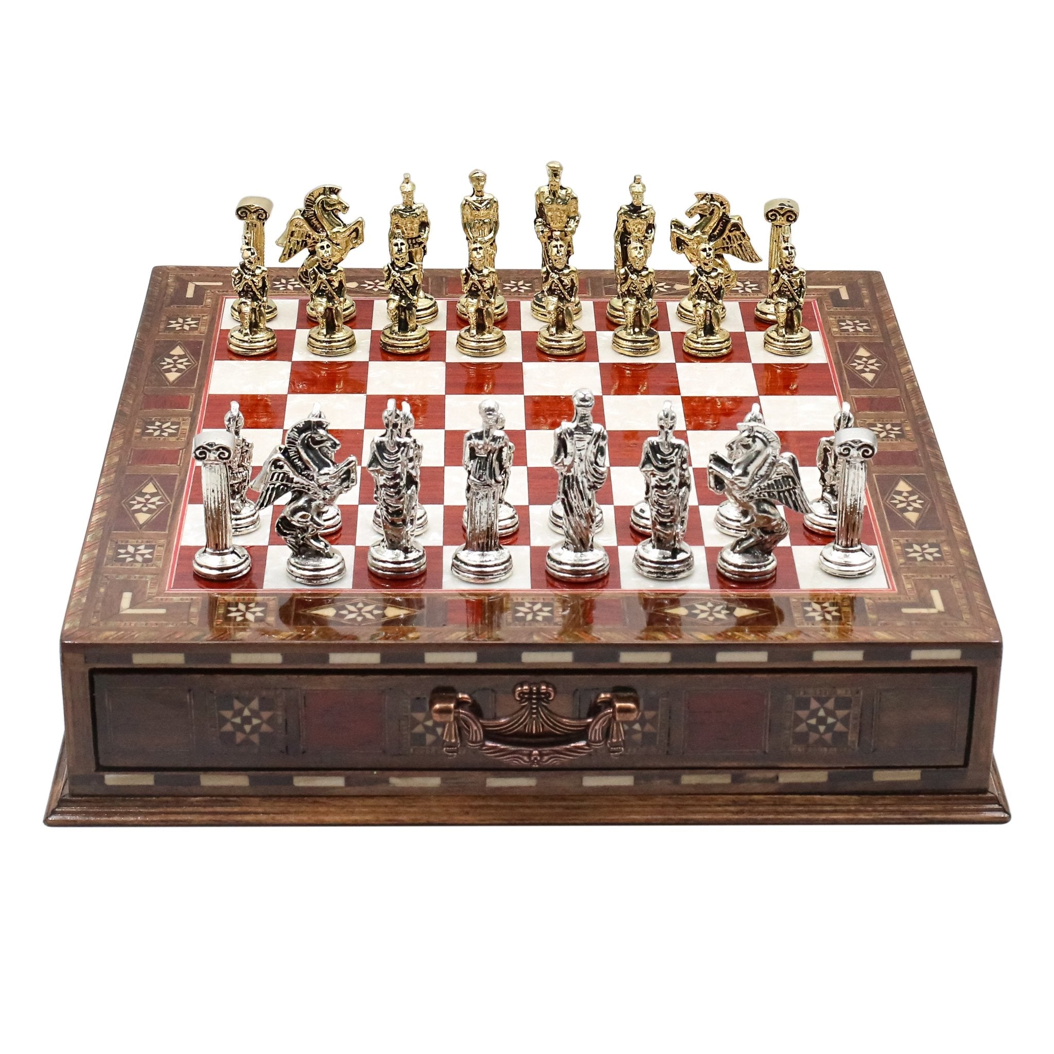 Handmade Inlay Chess Set with Drawer Storage 30 CM (12") - Die Cast Metal Pieces | Greek Mythology Pegasus - Cooper Chess