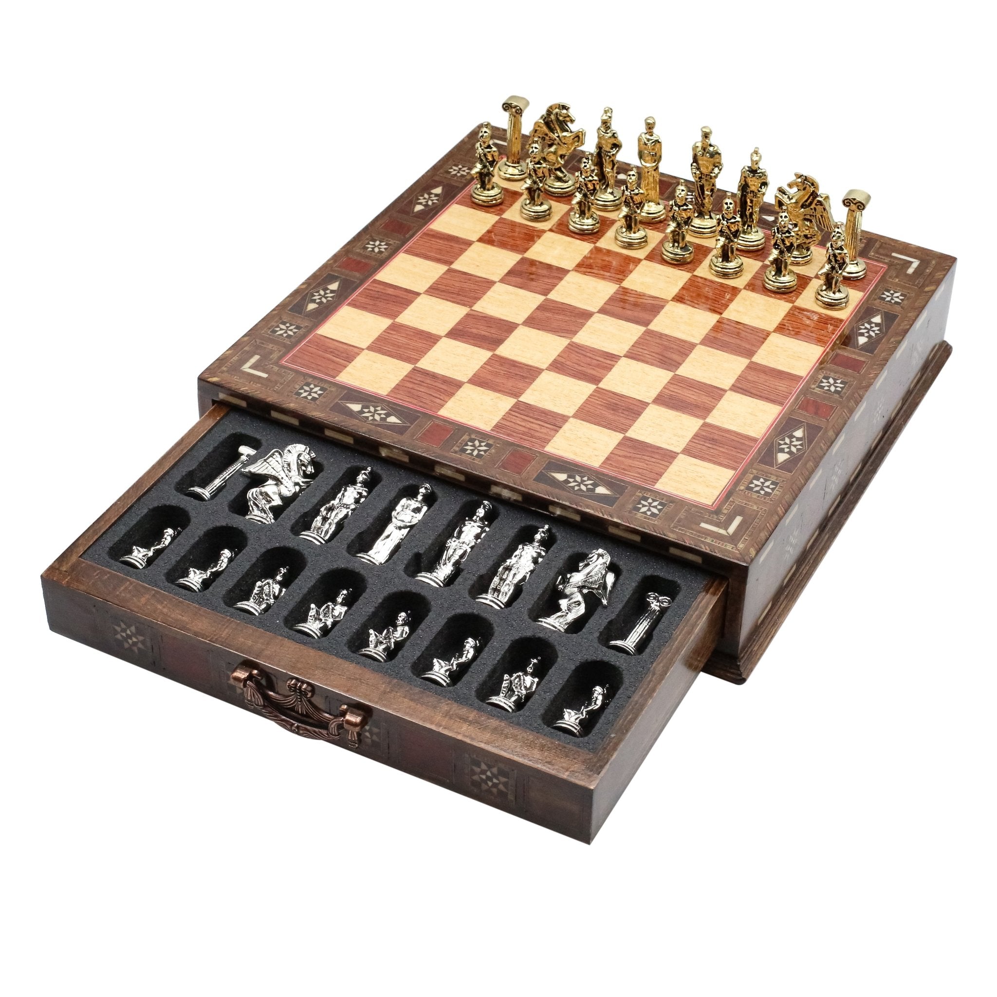 Handmade Inlay Chess Set with Drawer Storage 30 CM (12") - Die Cast Metal Pieces | Greek Mythology Pegasus - Cooper Chess