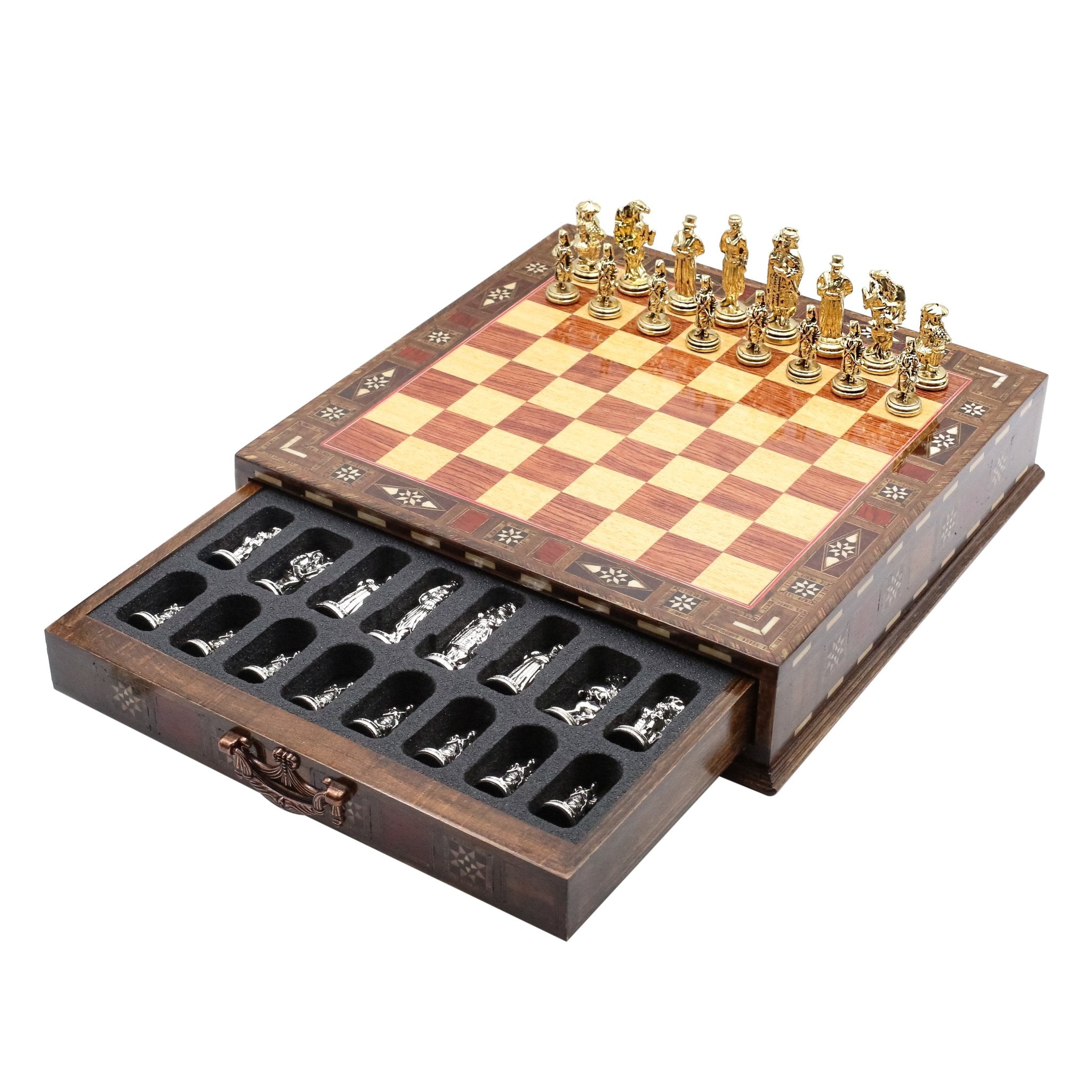Handmade Inlay Chess Set with Drawer Storage 30 CM (12") - Die Cast Metal Pieces | Ottoman Empire - Cooper Chess