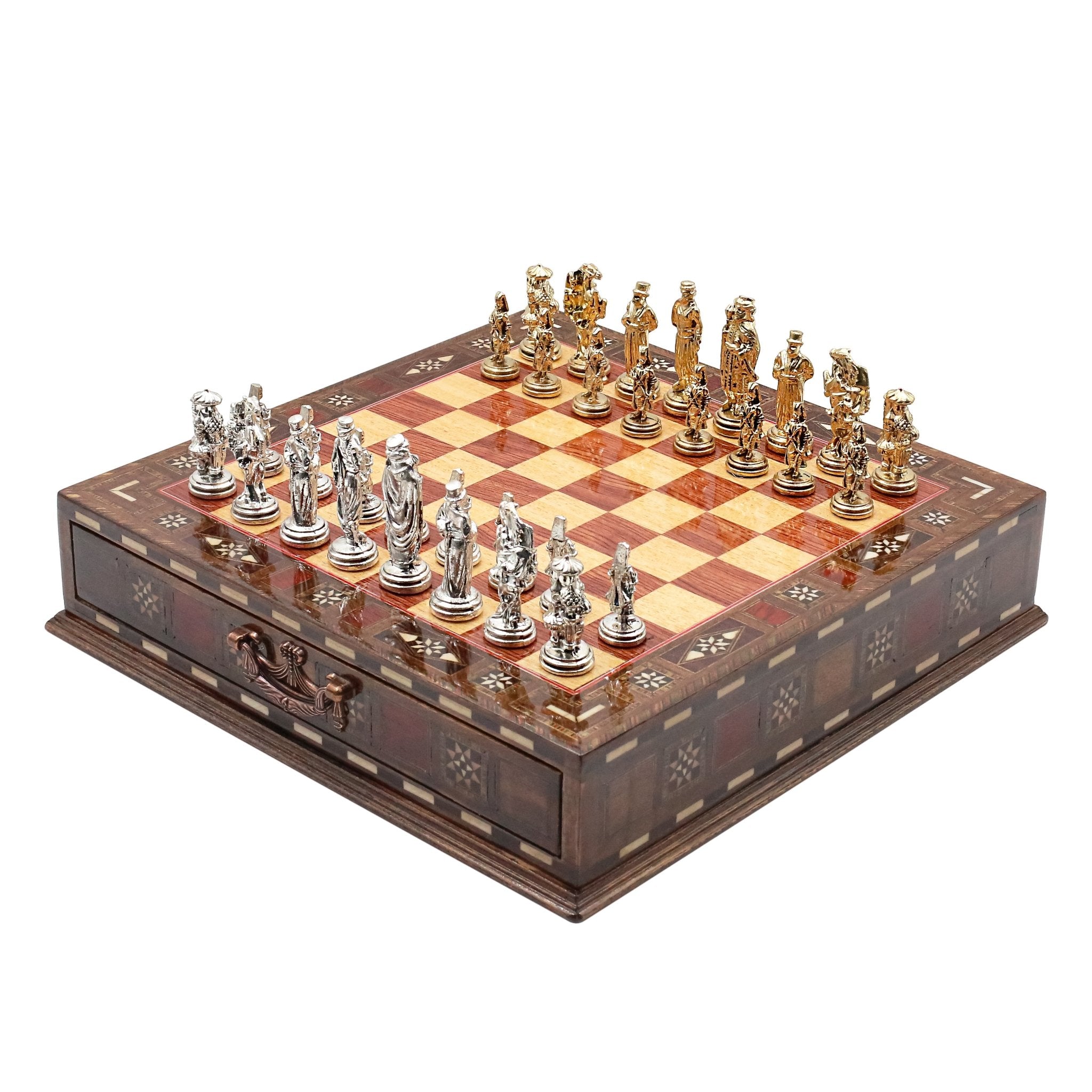 Handmade Inlay Chess Set with Drawer Storage 30 CM (12") - Die Cast Metal Pieces | Ottoman Empire - Cooper Chess
