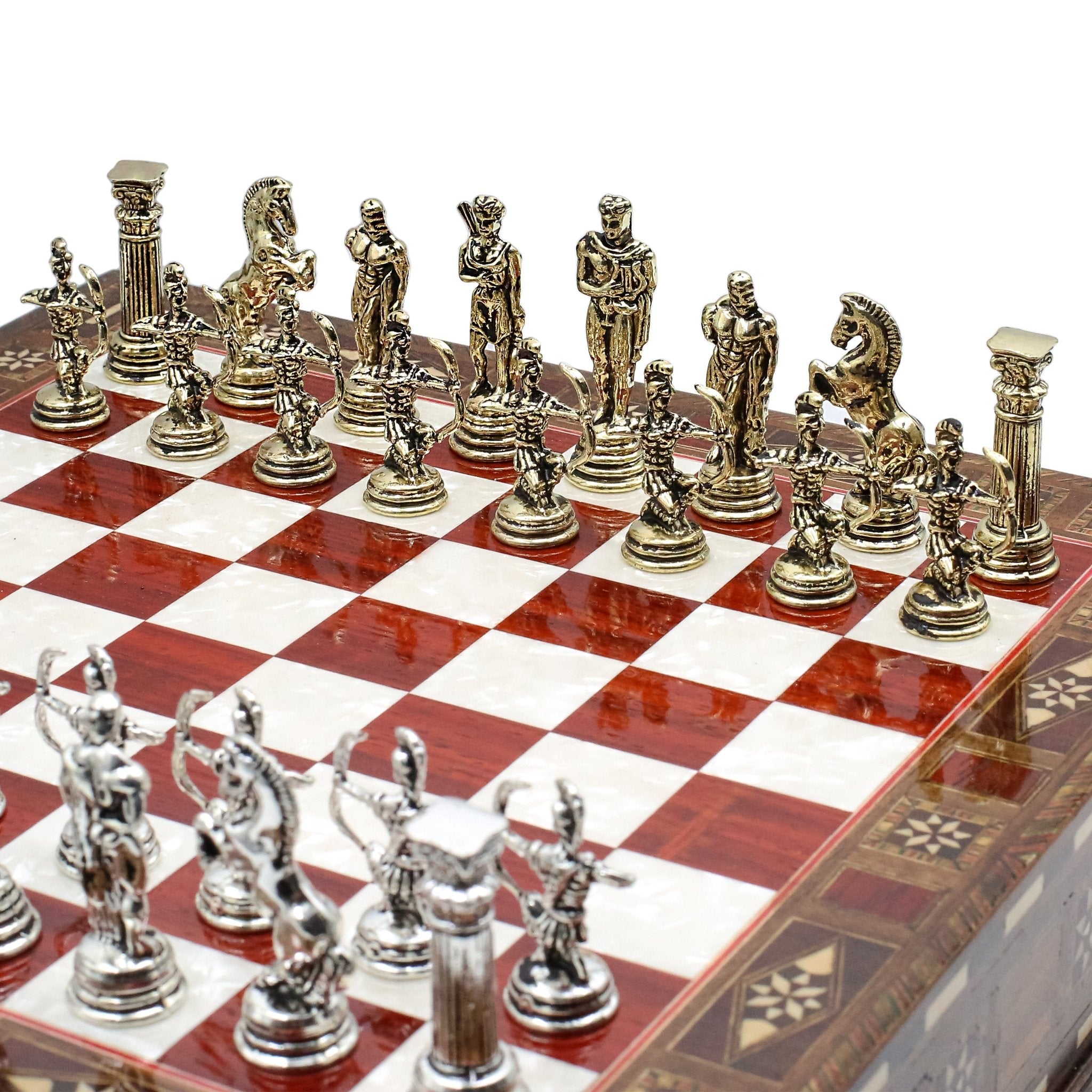 Handmade Inlay Chess Set with Drawer Storage 30 CM (12") - Die Cast Metal Pieces | Greek Mythology Archer - Cooper Chess