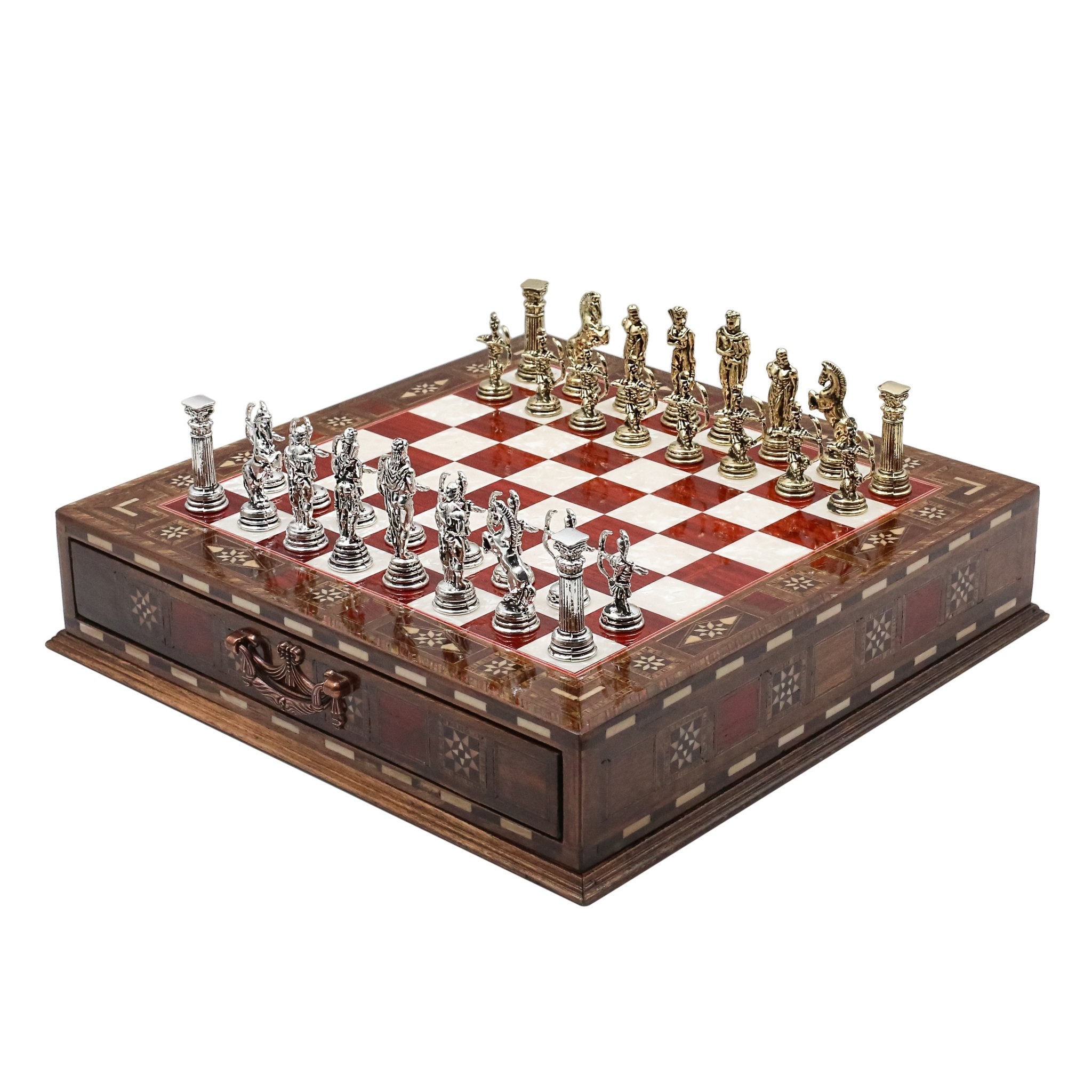 Handmade Inlay Chess Set with Drawer Storage 30 CM (12") - Die Cast Metal Pieces | Greek Mythology Archer - Cooper Chess