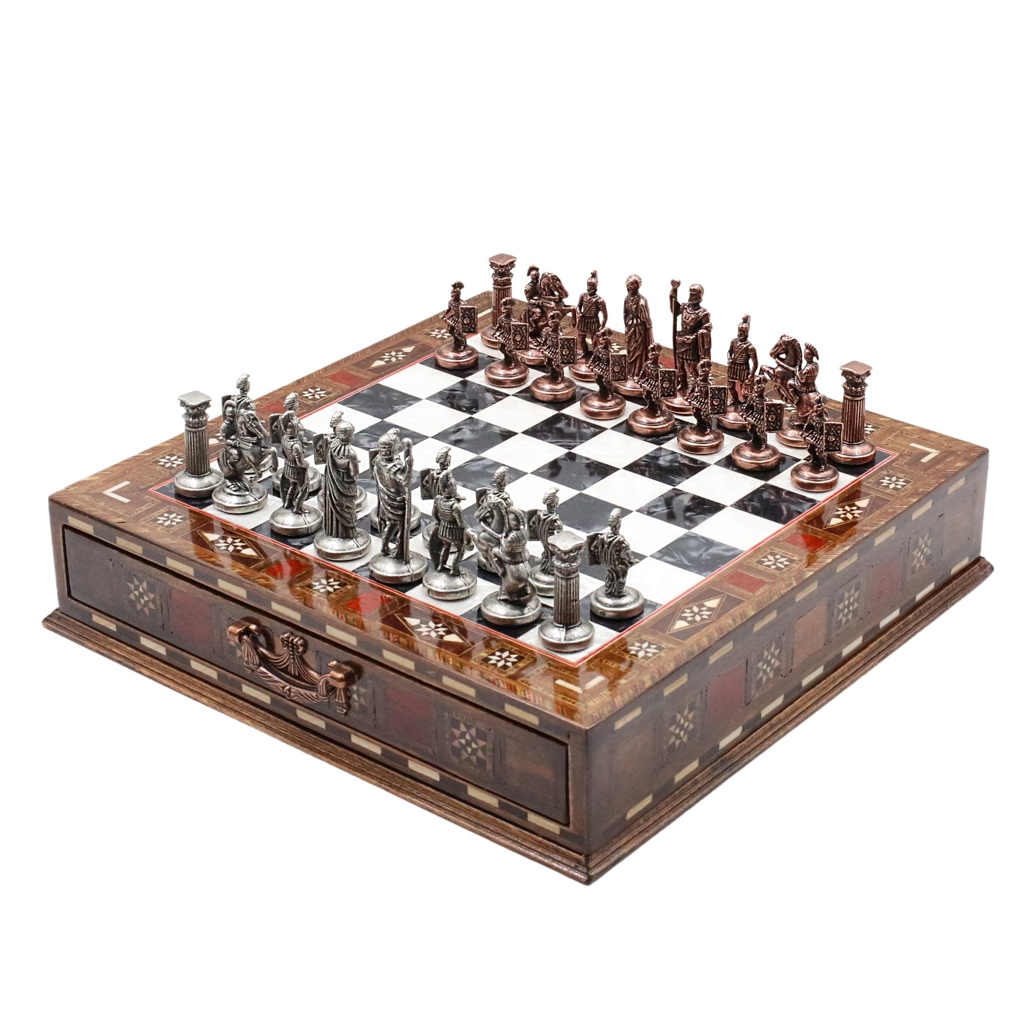 Handmade Inlay Chess Set with Drawer Storage 30 CM (12") - Die Cast Metal Pieces | Vintage Roman Empire - Cooper Chess