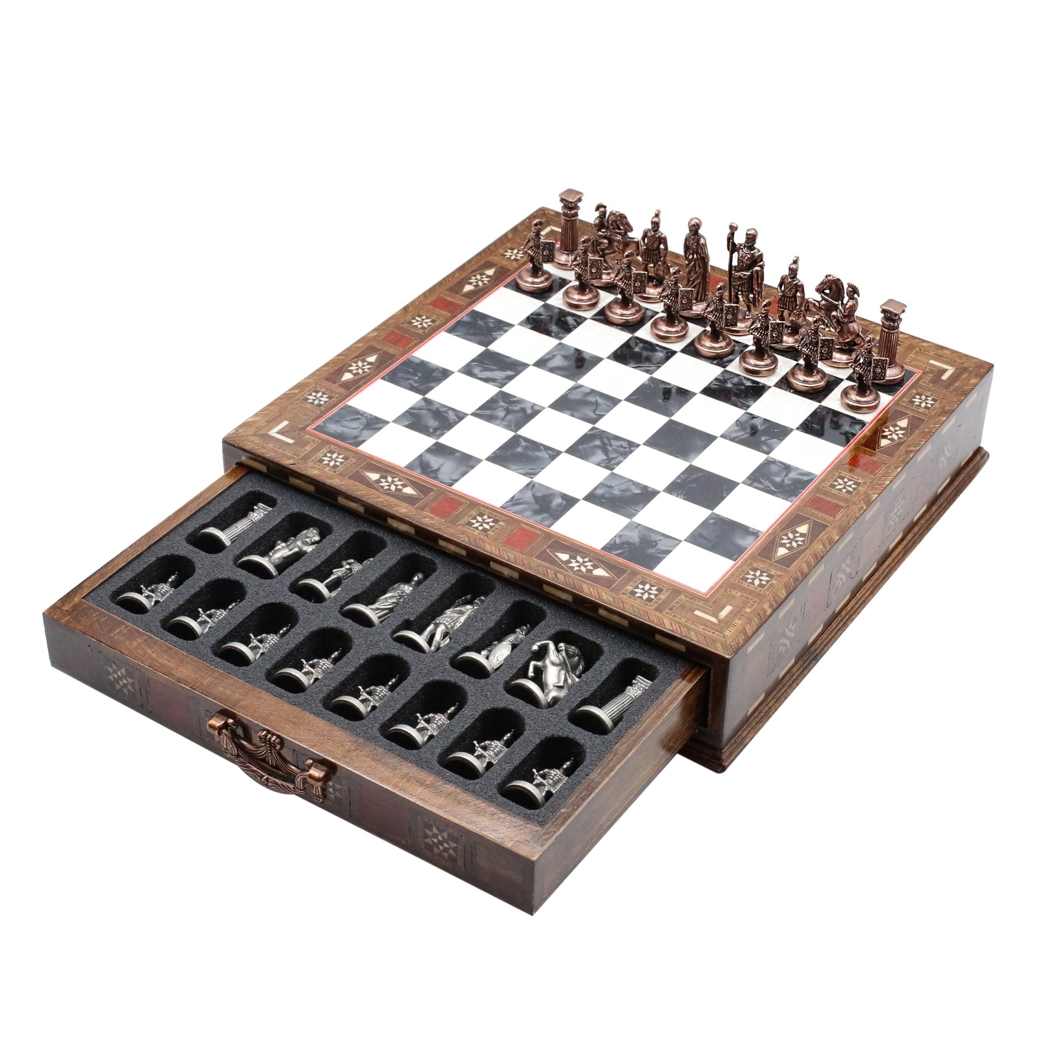 Handmade Inlay Chess Set with Drawer Storage 30 CM (12") - Die Cast Metal Pieces | Vintage Roman Empire - Cooper Chess