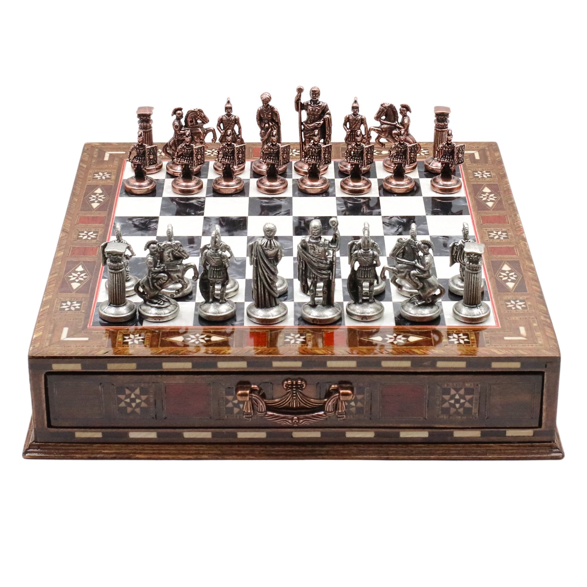 Handmade Inlay Chess Set with Drawer Storage 30 CM (12") - Die Cast Metal Pieces | Vintage Roman Empire - Cooper Chess