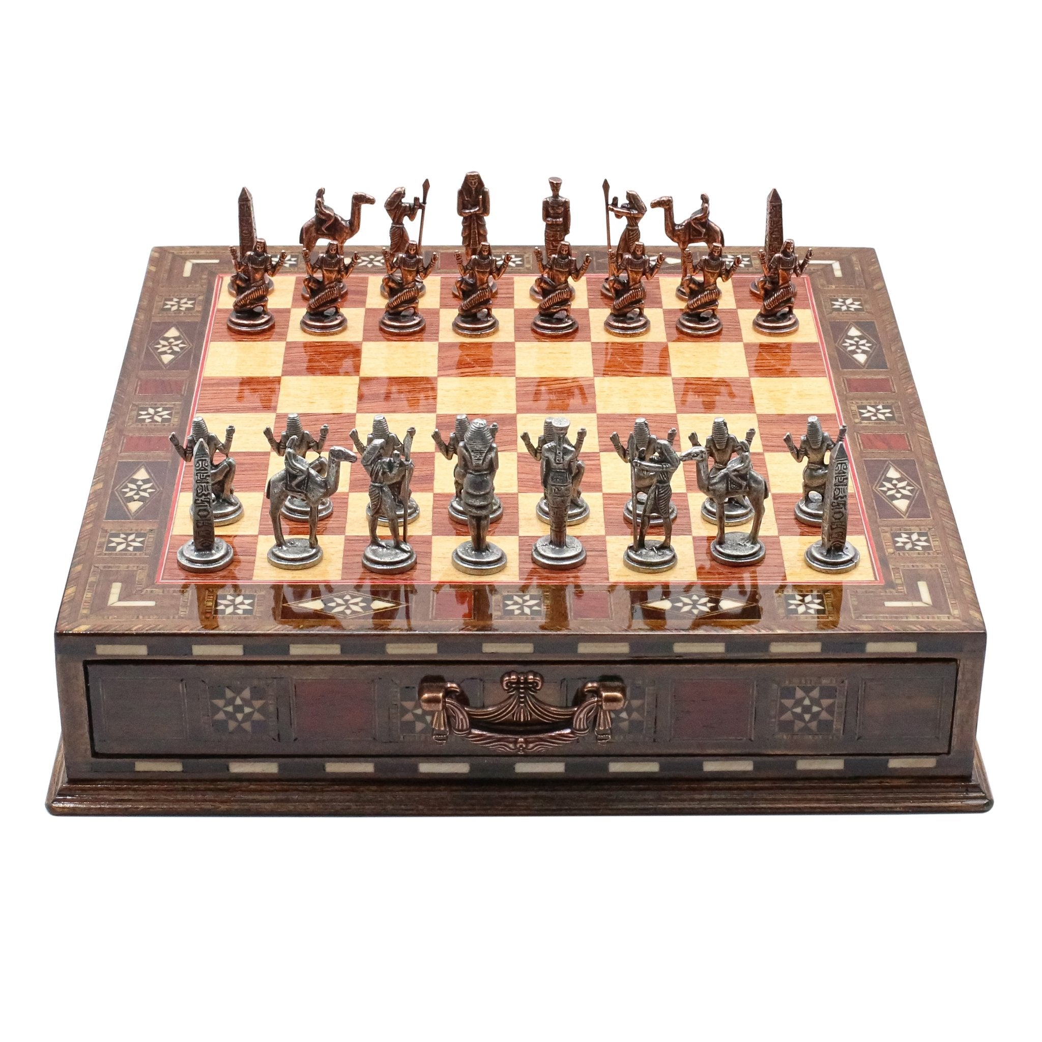 Handmade Inlay Chess Set with Drawer Storage 30 CM (12") - Die Cast Metal Pieces | Vintage Egyptian Cleopatra - Cooper Chess