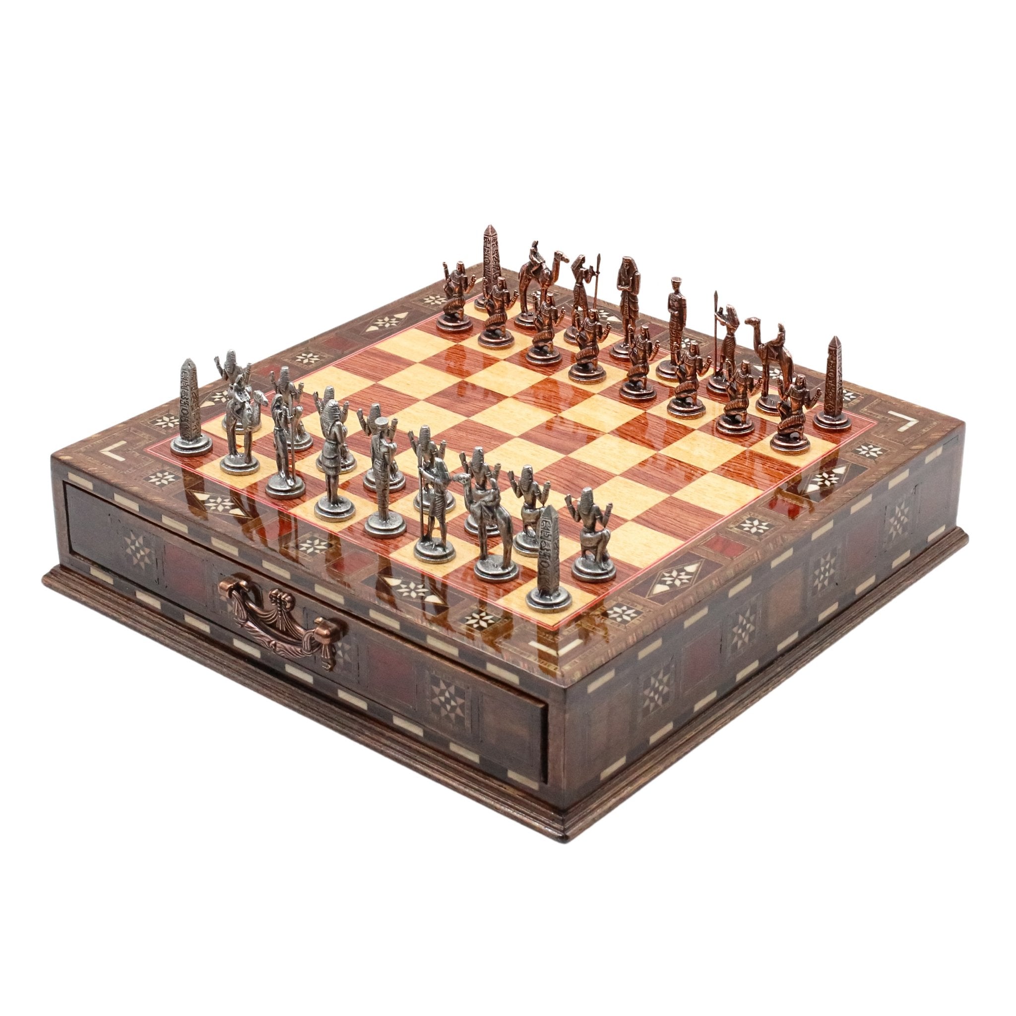 Handmade Inlay Chess Set with Drawer Storage 30 CM (12") - Die Cast Metal Pieces | Vintage Egyptian Cleopatra - Cooper Chess