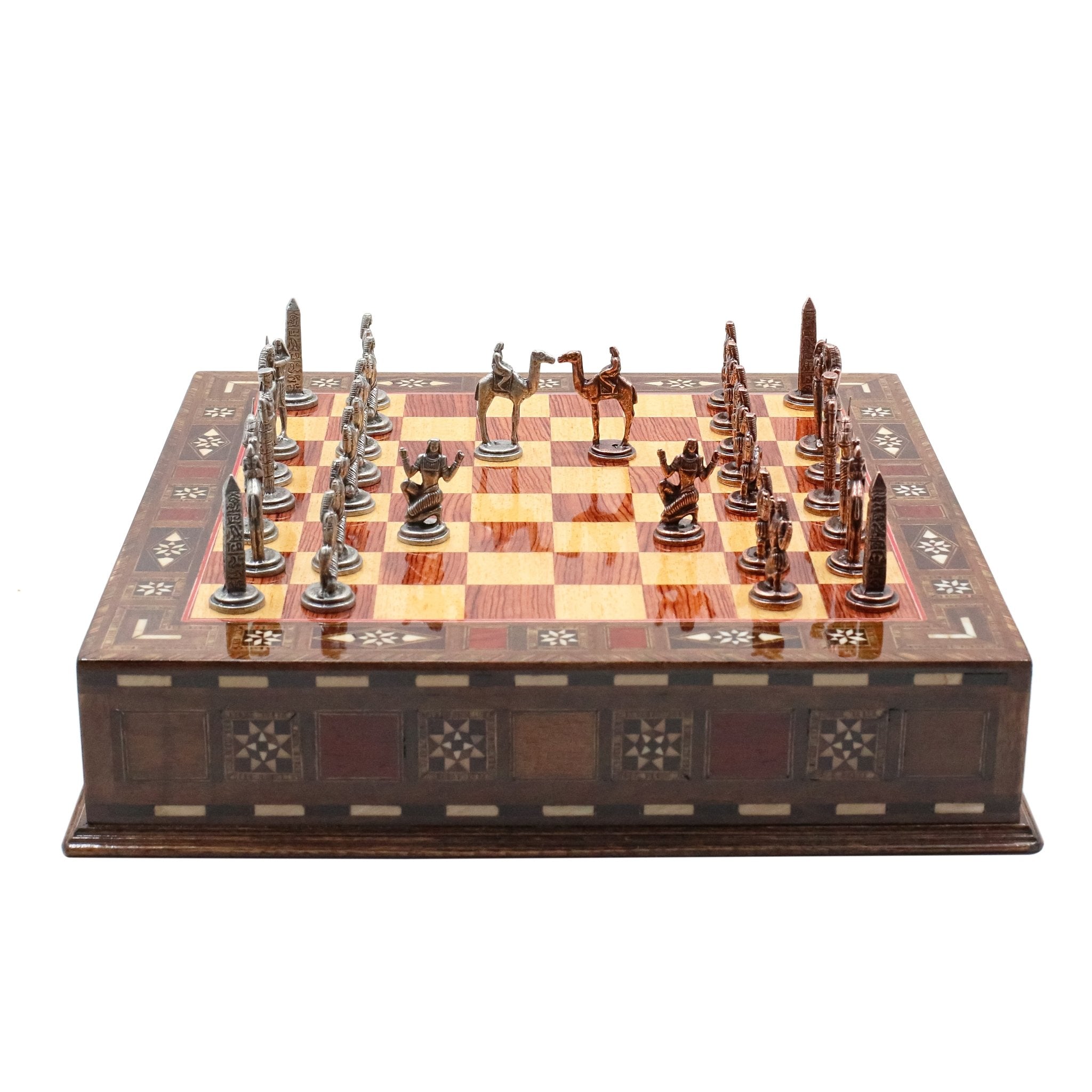 Handmade Inlay Chess Set with Drawer Storage 30 CM (12") - Die Cast Metal Pieces | Vintage Egyptian Cleopatra - Cooper Chess