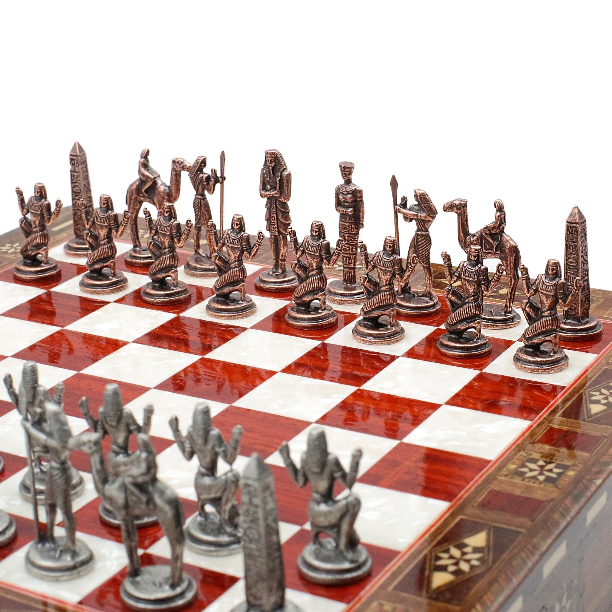 Handmade Inlay Chess Set with Drawer Storage 30 CM (12") - Die Cast Metal Pieces | Vintage Egyptian Cleopatra - Cooper Chess
