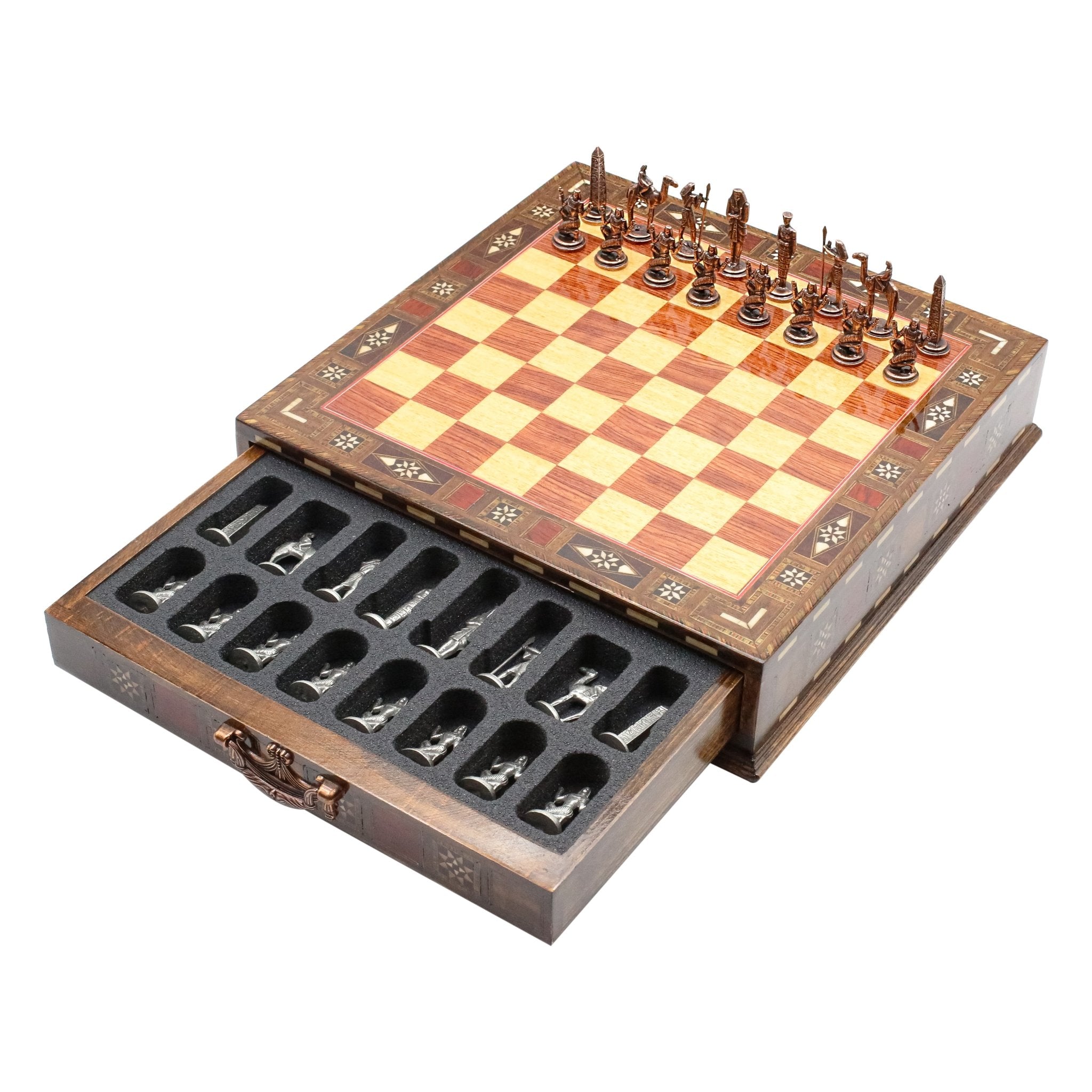 Handmade Inlay Chess Set with Drawer Storage 30 CM (12") - Die Cast Metal Pieces | Vintage Egyptian Cleopatra - Cooper Chess