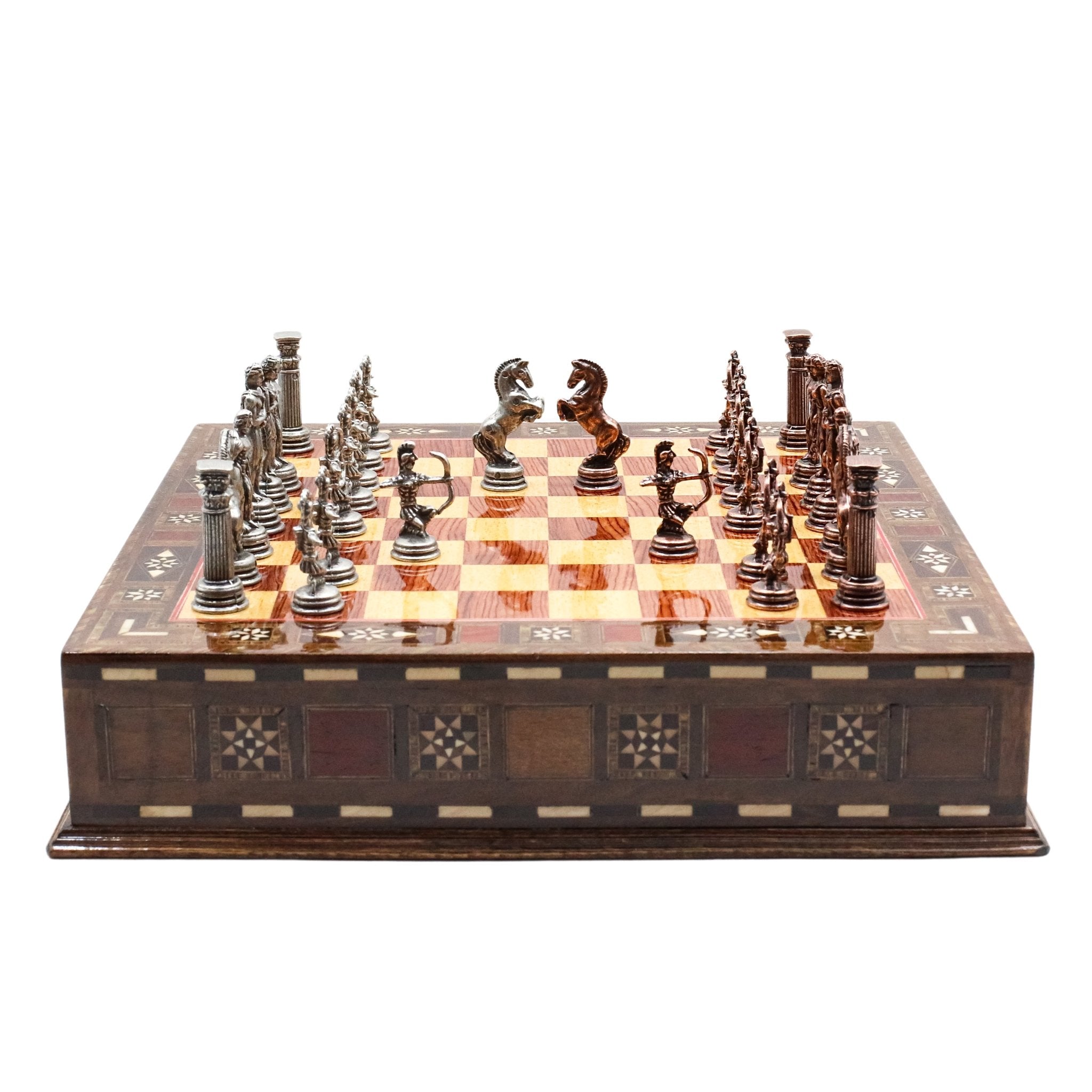 Handmade Inlay Chess Set with Drawer Storage 30 CM (12") - Die Cast Metal Pieces | Vintage Mythology Archer - Cooper Chess