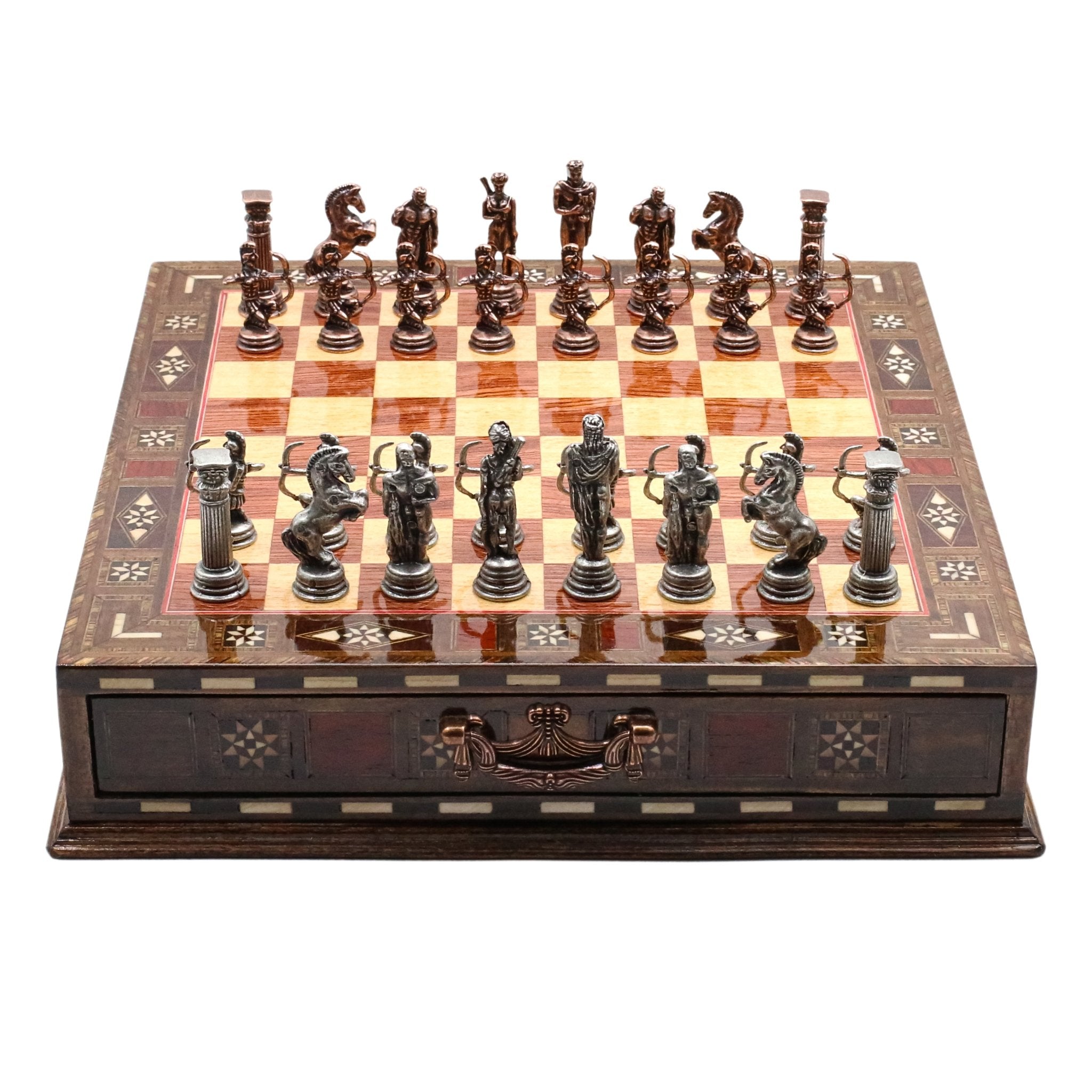 Handmade Inlay Chess Set with Drawer Storage 30 CM (12") - Die Cast Metal Pieces | Vintage Mythology Archer - Cooper Chess