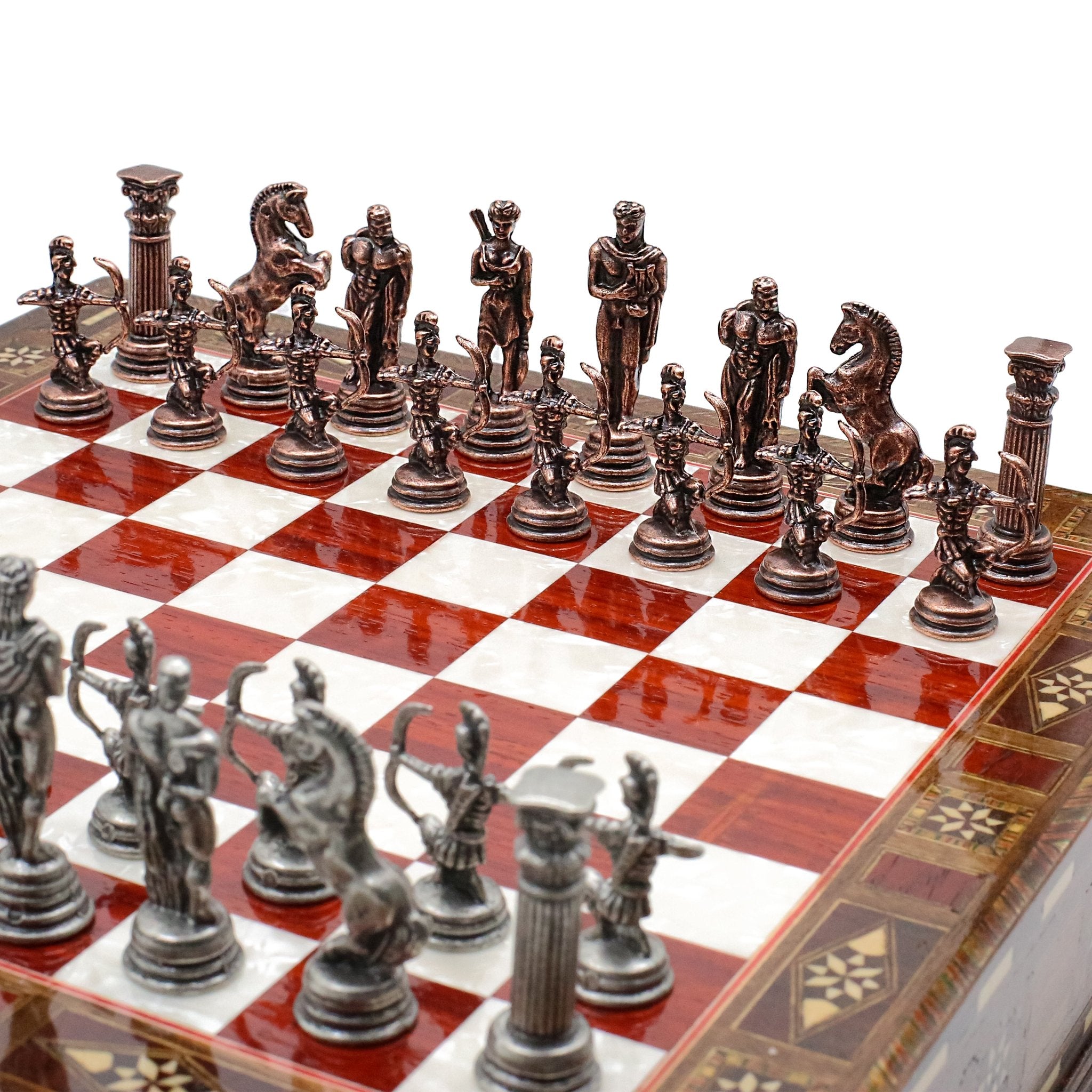 Handmade Inlay Chess Set with Drawer Storage 30 CM (12") - Die Cast Metal Pieces | Vintage Mythology Archer - Cooper Chess