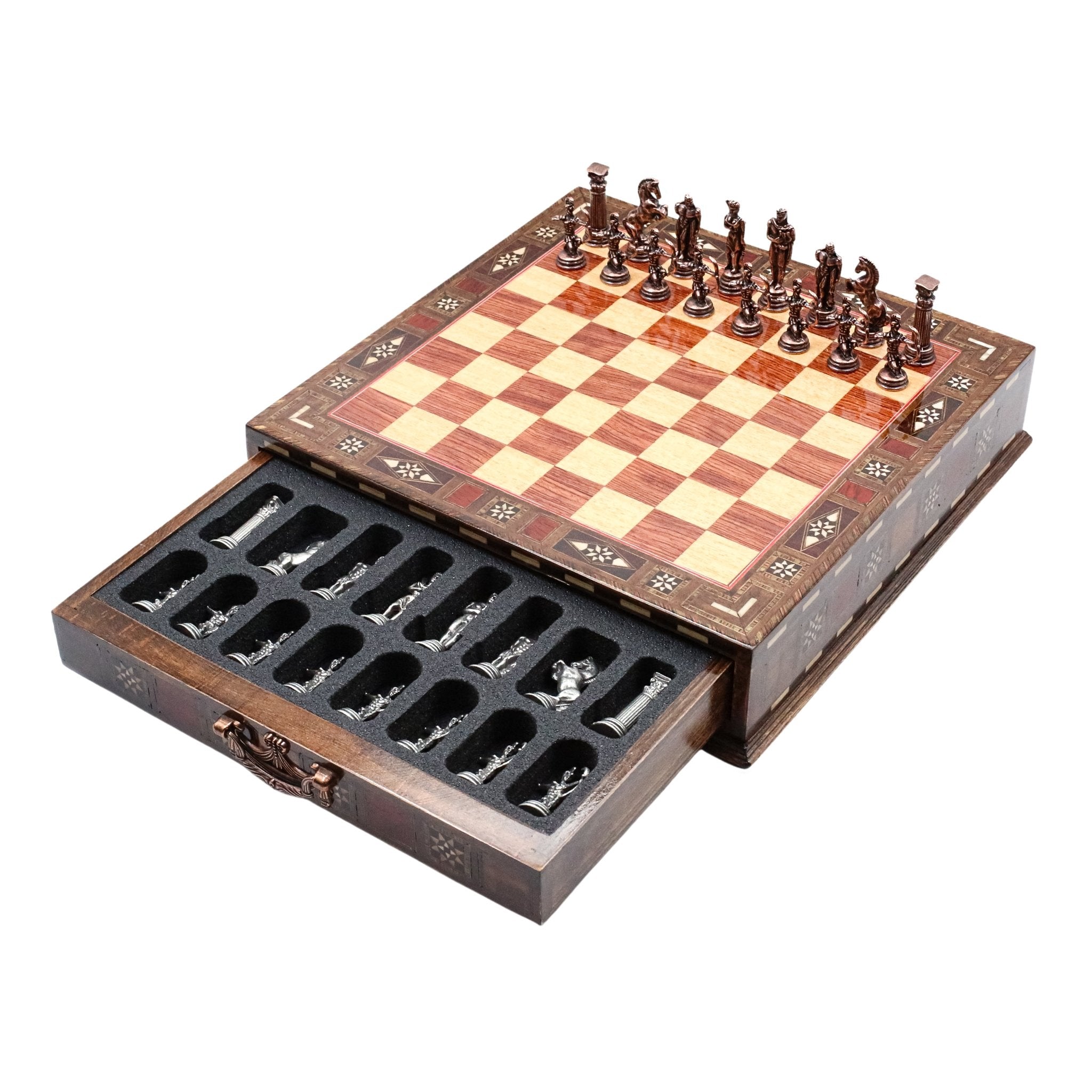 Handmade Inlay Chess Set with Drawer Storage 30 CM (12") - Die Cast Metal Pieces | Vintage Mythology Archer - Cooper Chess