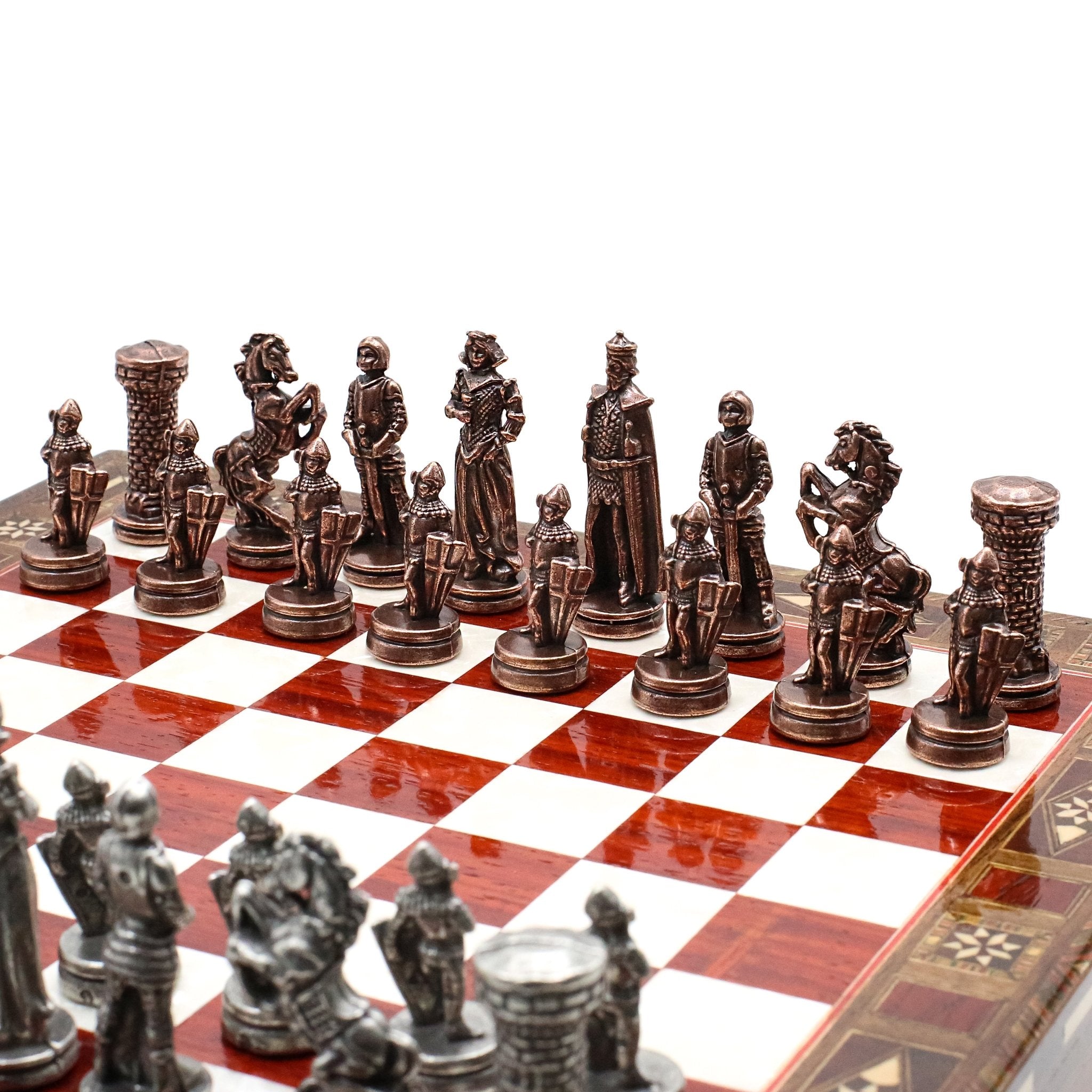 Handmade Inlay Chess Set with Drawer Storage 30 CM (12") - Die Cast Metal Pieces | Vintage Medieval British Army - Cooper Chess