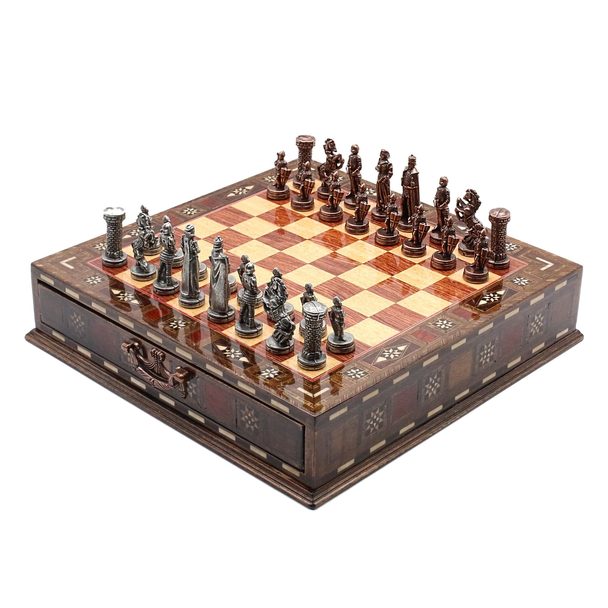 Handmade Inlay Chess Set with Drawer Storage 30 CM (12") - Die Cast Metal Pieces | Vintage Medieval British Army - Cooper Chess