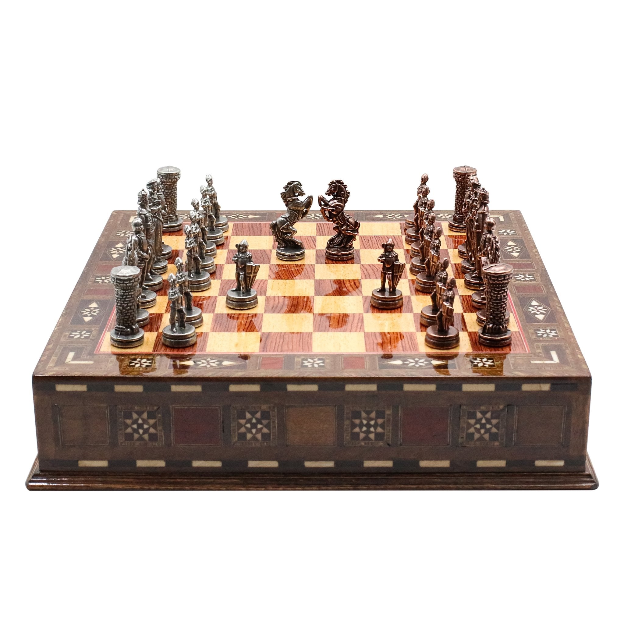 Handmade Inlay Chess Set with Drawer Storage 30 CM (12") - Die Cast Metal Pieces | Vintage Medieval British Army - Cooper Chess