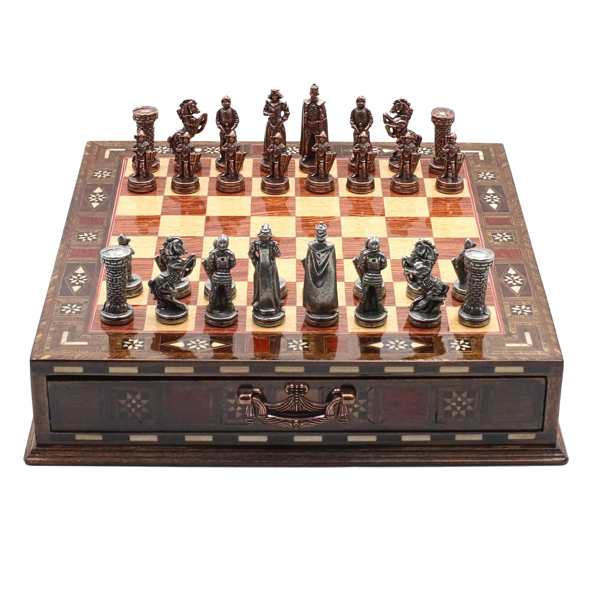 Handmade Inlay Chess Set with Drawer Storage 30 CM (12") - Die Cast Metal Pieces | Vintage Medieval British Army - Cooper Chess
