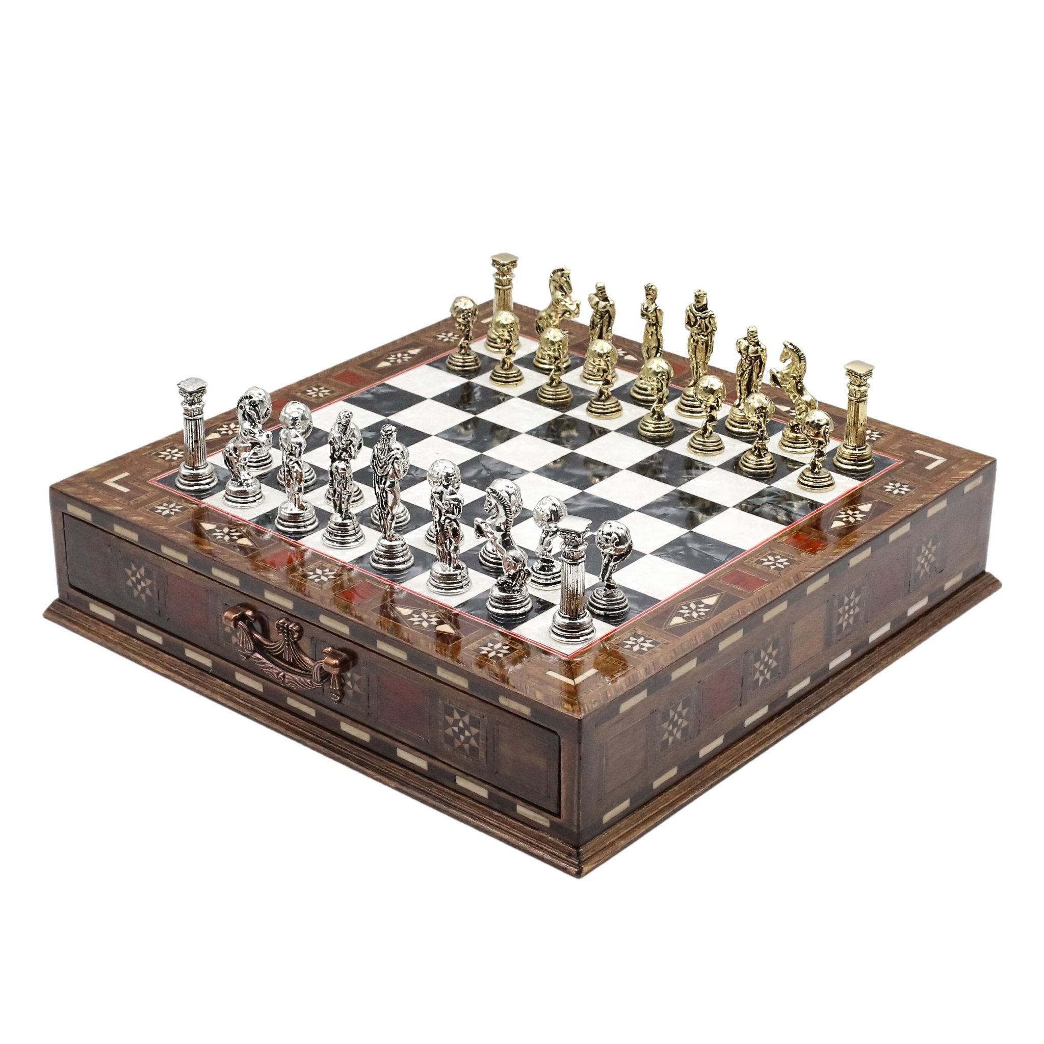 Handmade Inlay Chess Set with Drawer Storage 30 CM (12") - Die Cast Metal Pieces | Greek Mythology Hercules - Cooper Chess