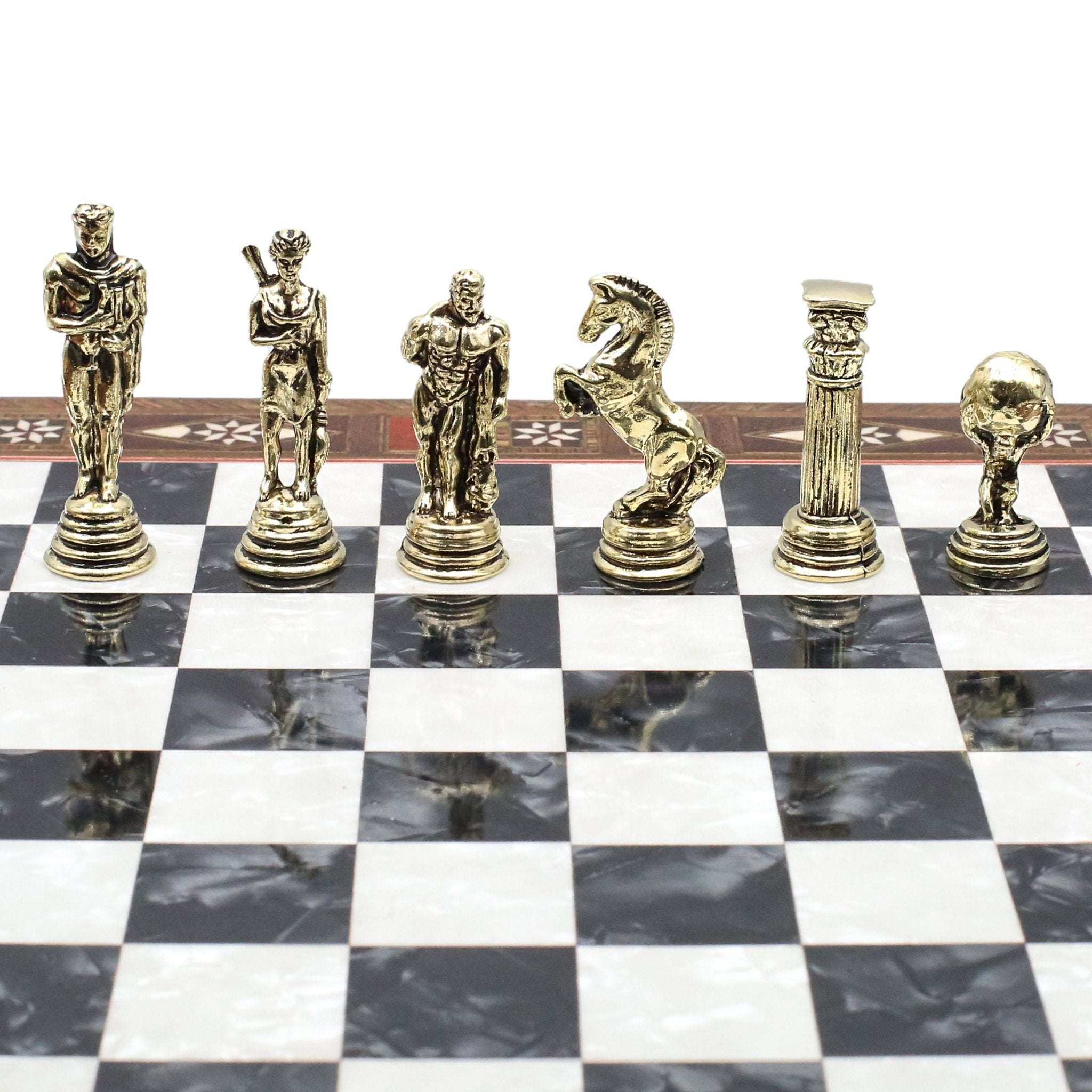 Handmade Inlay Chess Set with Drawer Storage 30 CM (12") - Die Cast Metal Pieces | Greek Mythology Hercules - Cooper Chess