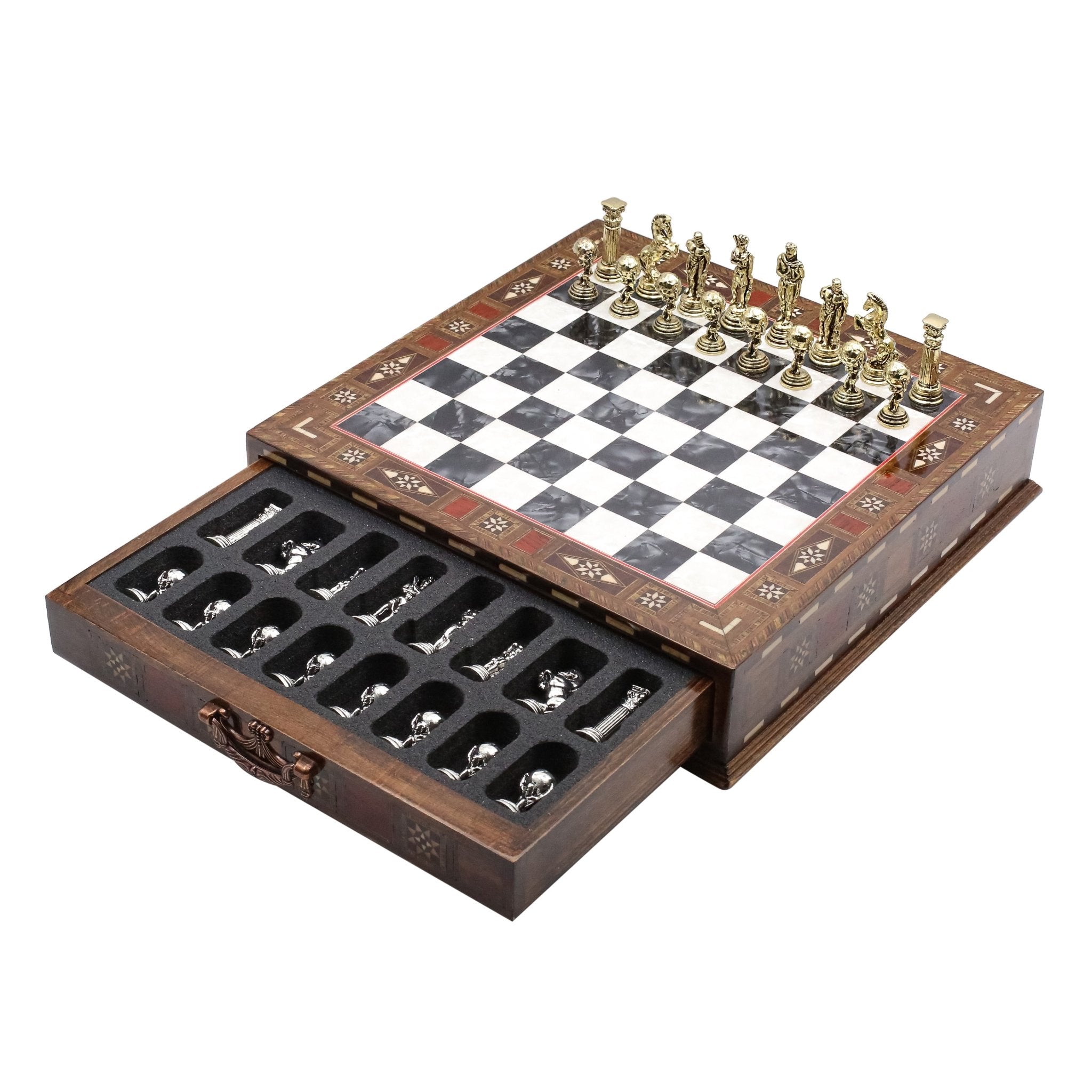 Handmade Inlay Chess Set with Drawer Storage 30 CM (12") - Die Cast Metal Pieces | Greek Mythology Hercules - Cooper Chess