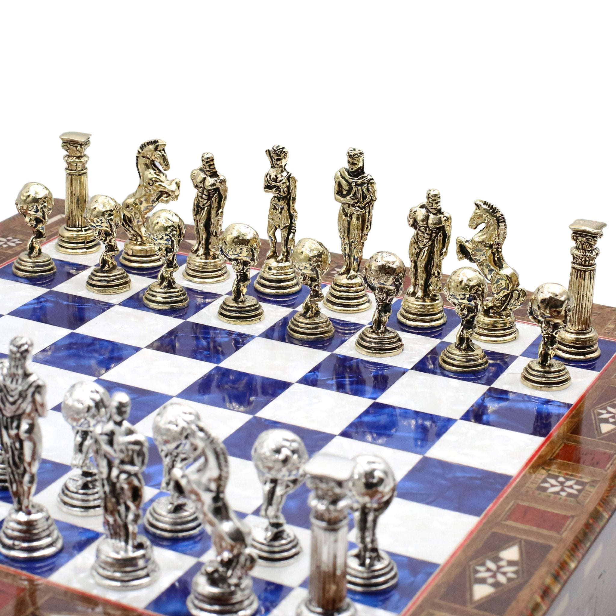 Handmade Inlay Chess Set with Drawer Storage 30 CM (12") - Die Cast Metal Pieces | Greek Mythology Hercules - Cooper Chess
