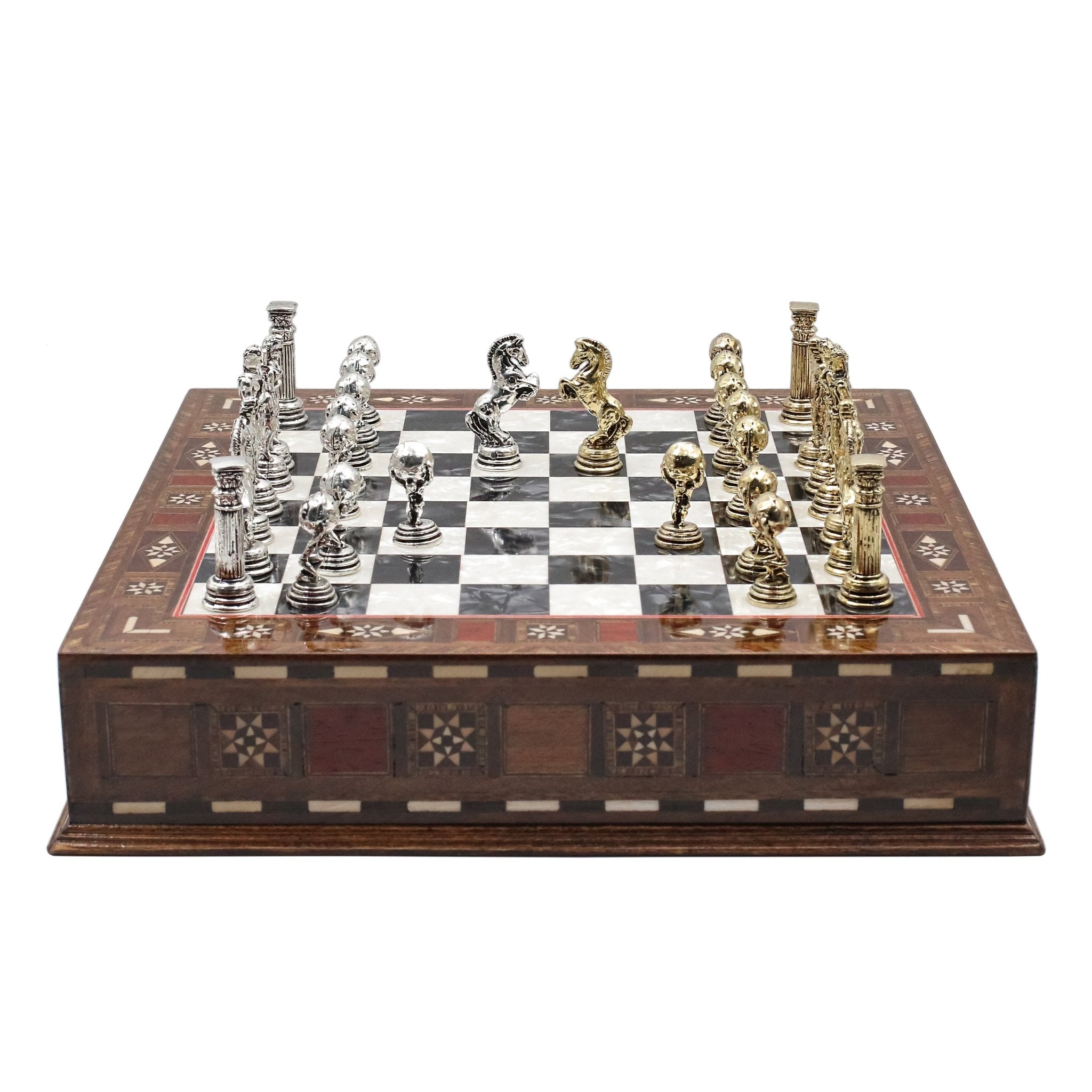 Handmade Inlay Chess Set with Drawer Storage 30 CM (12") - Die Cast Metal Pieces | Greek Mythology Hercules - Cooper Chess