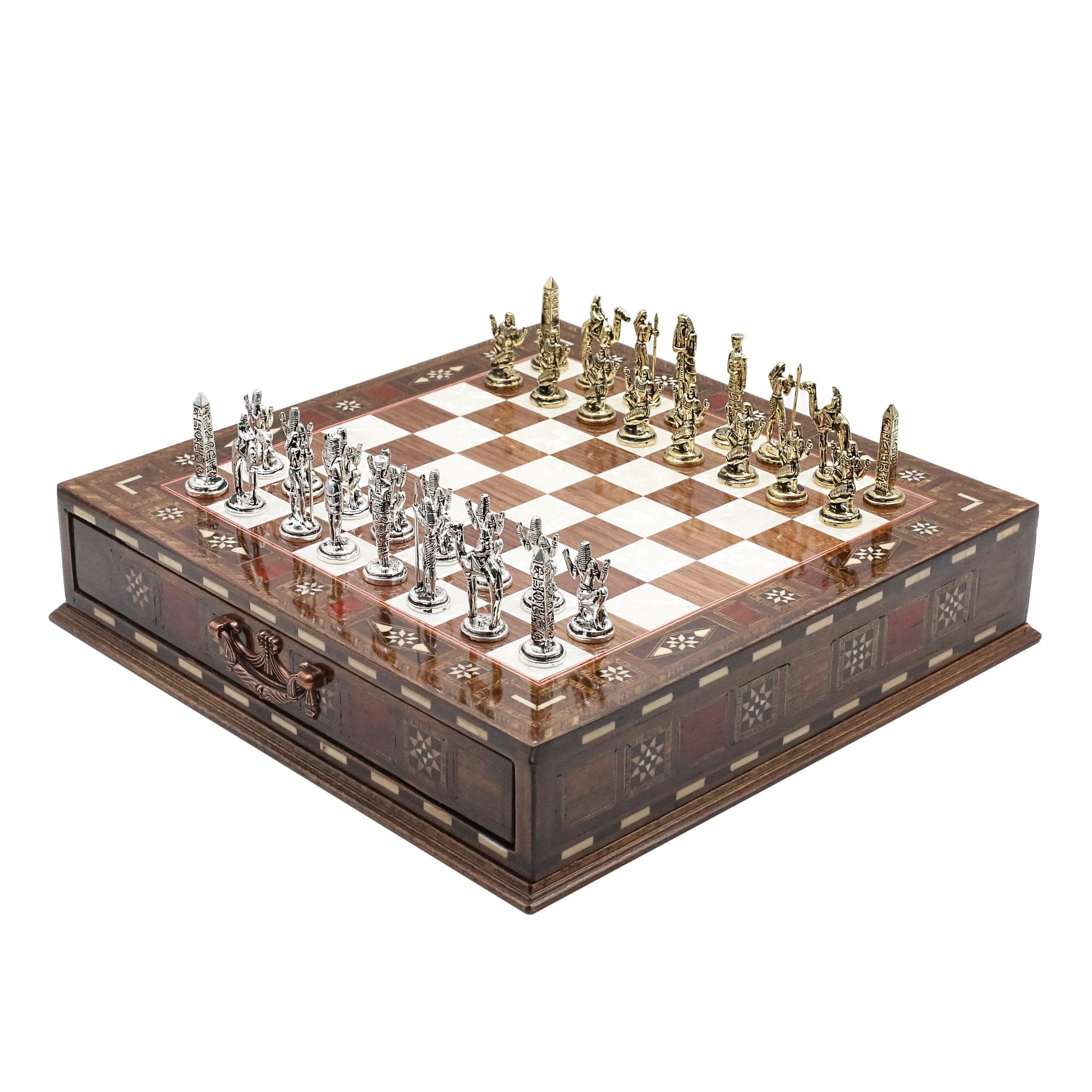 Handmade Inlay Chess Set with Drawer Storage 30 CM (12") - Die Cast Metal Pieces | Egyptian Cleopatra - Cooper Chess