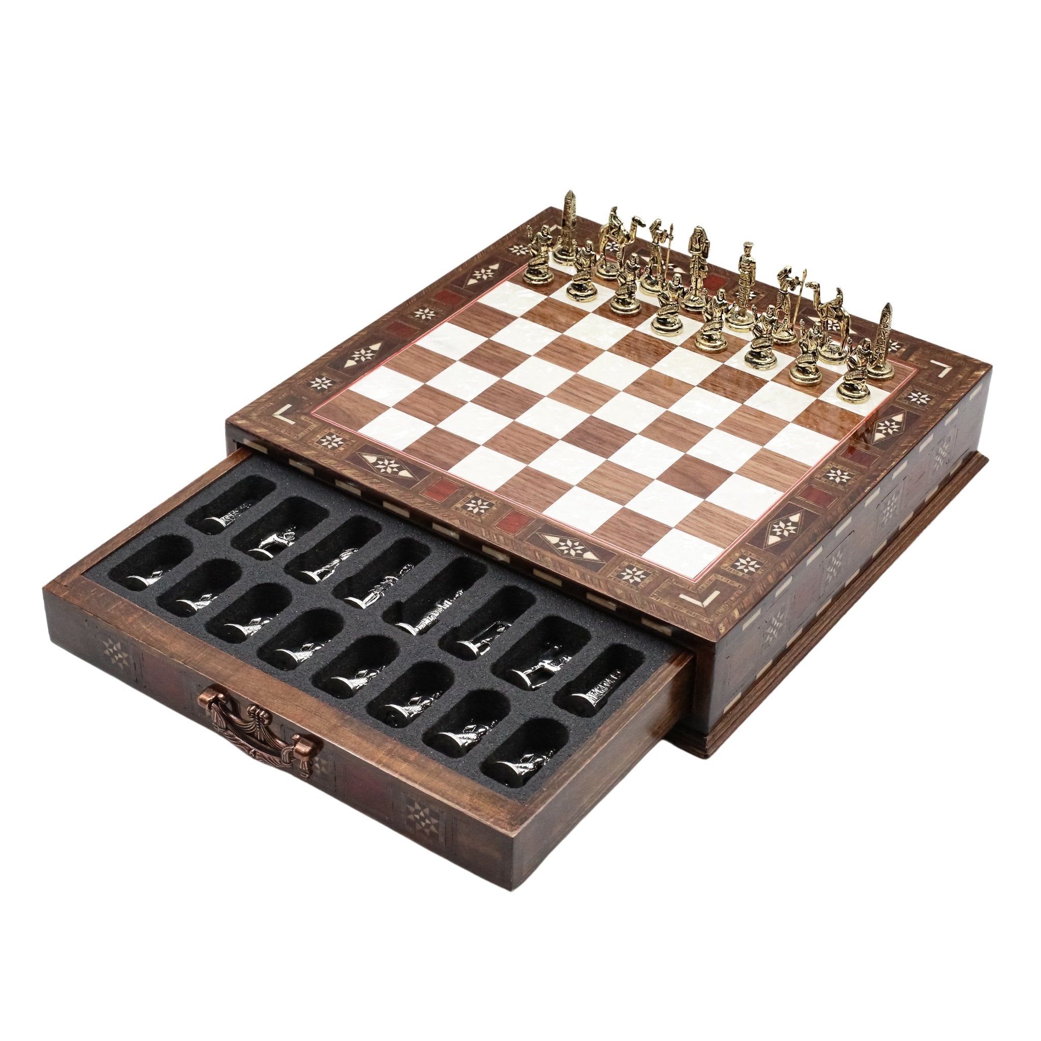 Handmade Inlay Chess Set with Drawer Storage 30 CM (12") - Die Cast Metal Pieces | Egyptian Cleopatra - Cooper Chess