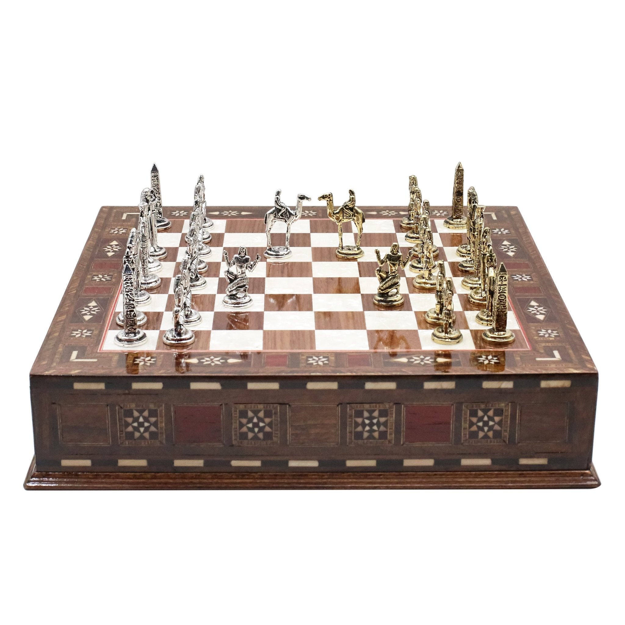Handmade Inlay Chess Set with Drawer Storage 30 CM (12") - Die Cast Metal Pieces | Egyptian Cleopatra - Cooper Chess