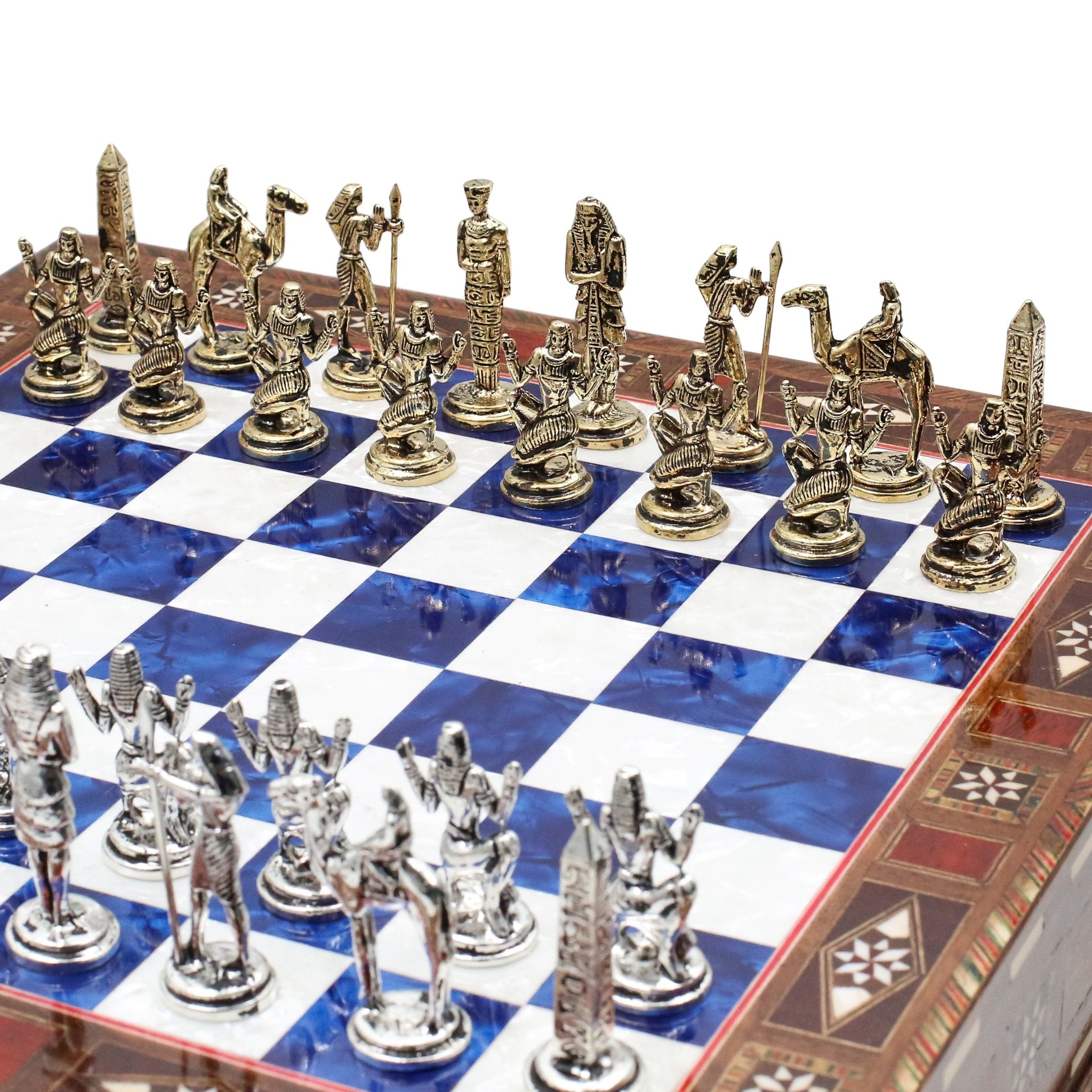 Handmade Inlay Chess Set with Drawer Storage 30 CM (12") - Die Cast Metal Pieces | Egyptian Cleopatra - Cooper Chess