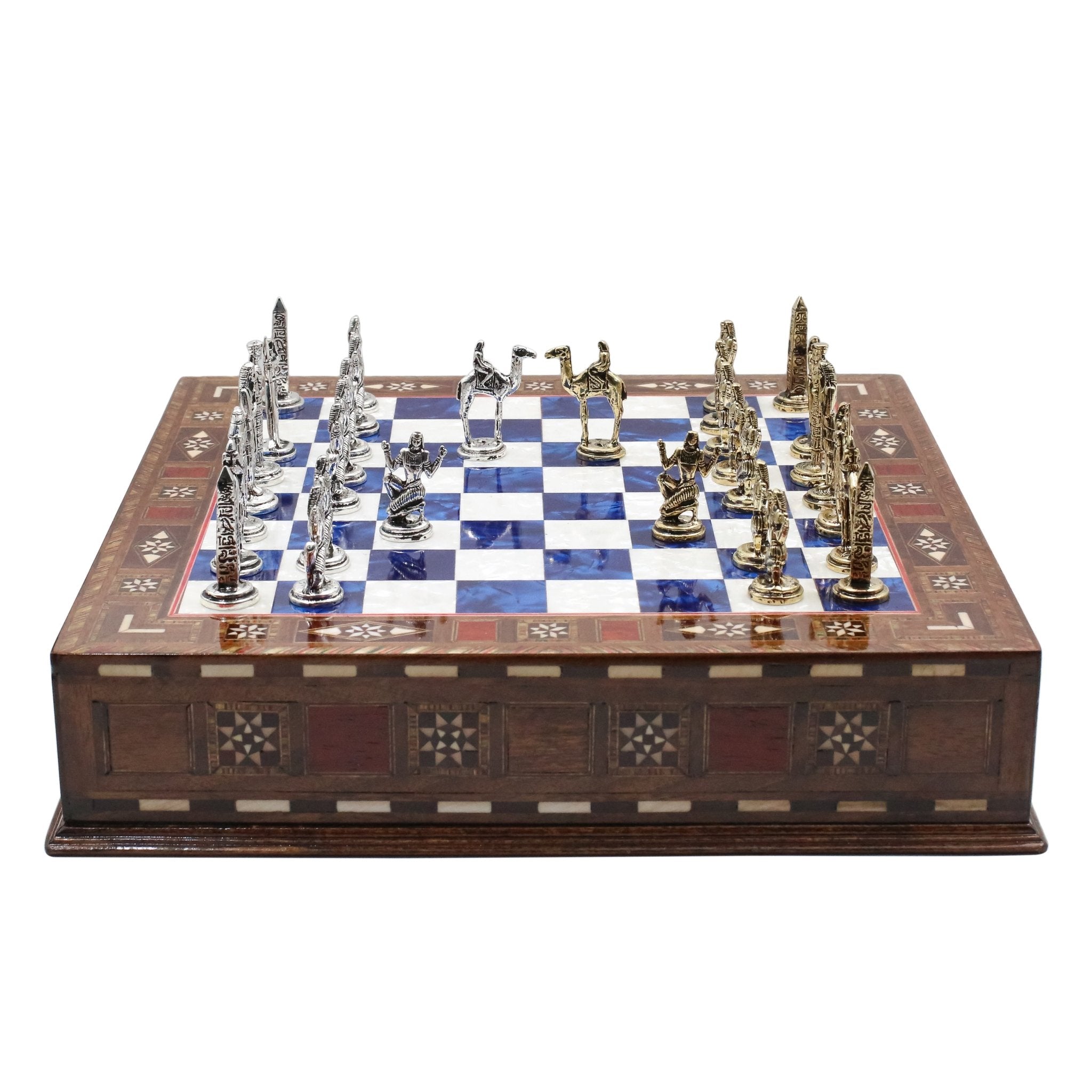 Handmade Inlay Chess Set with Drawer Storage 30 CM (12") - Die Cast Metal Pieces | Egyptian Cleopatra - Cooper Chess