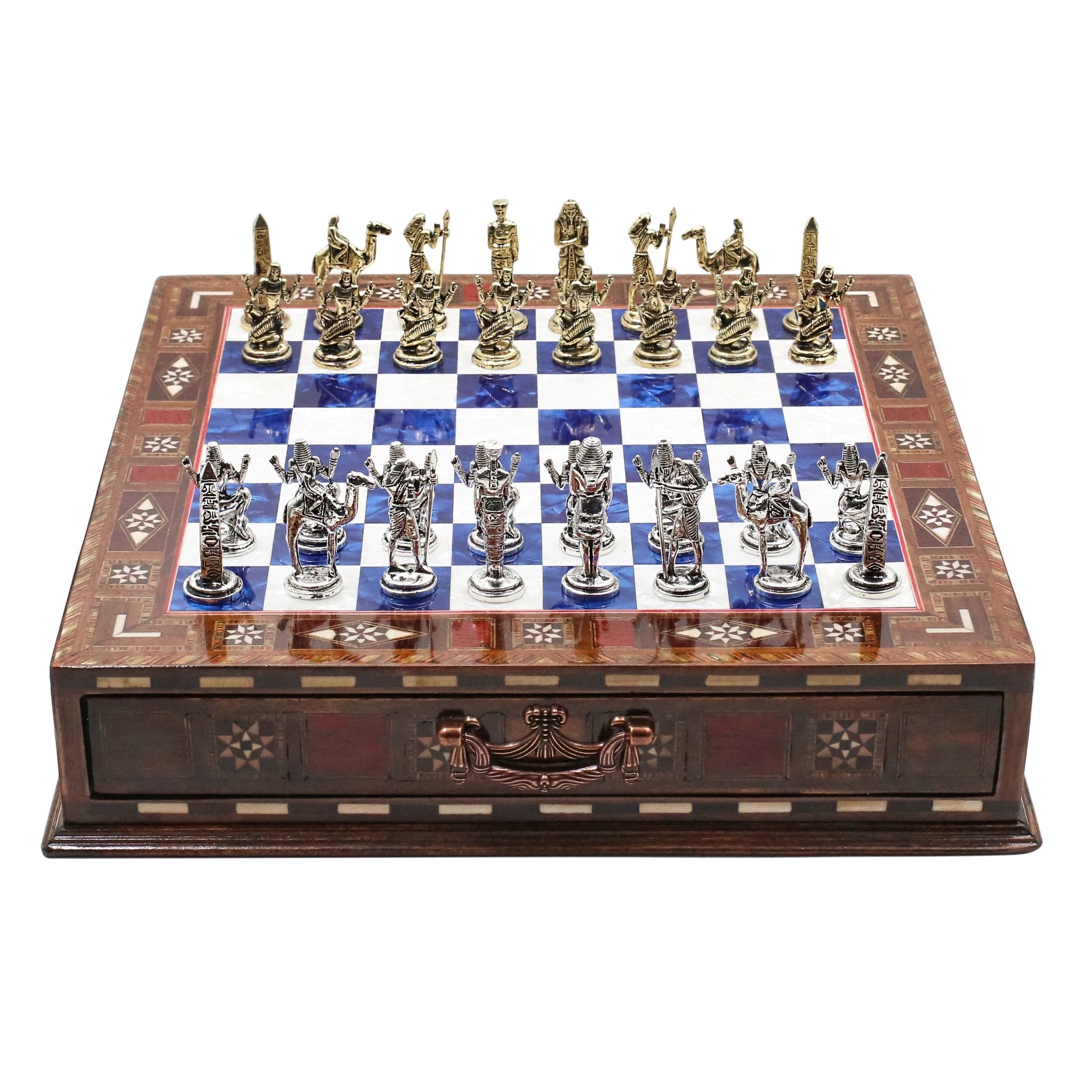 Handmade Inlay Chess Set with Drawer Storage 30 CM (12") - Die Cast Metal Pieces | Egyptian Cleopatra - Cooper Chess