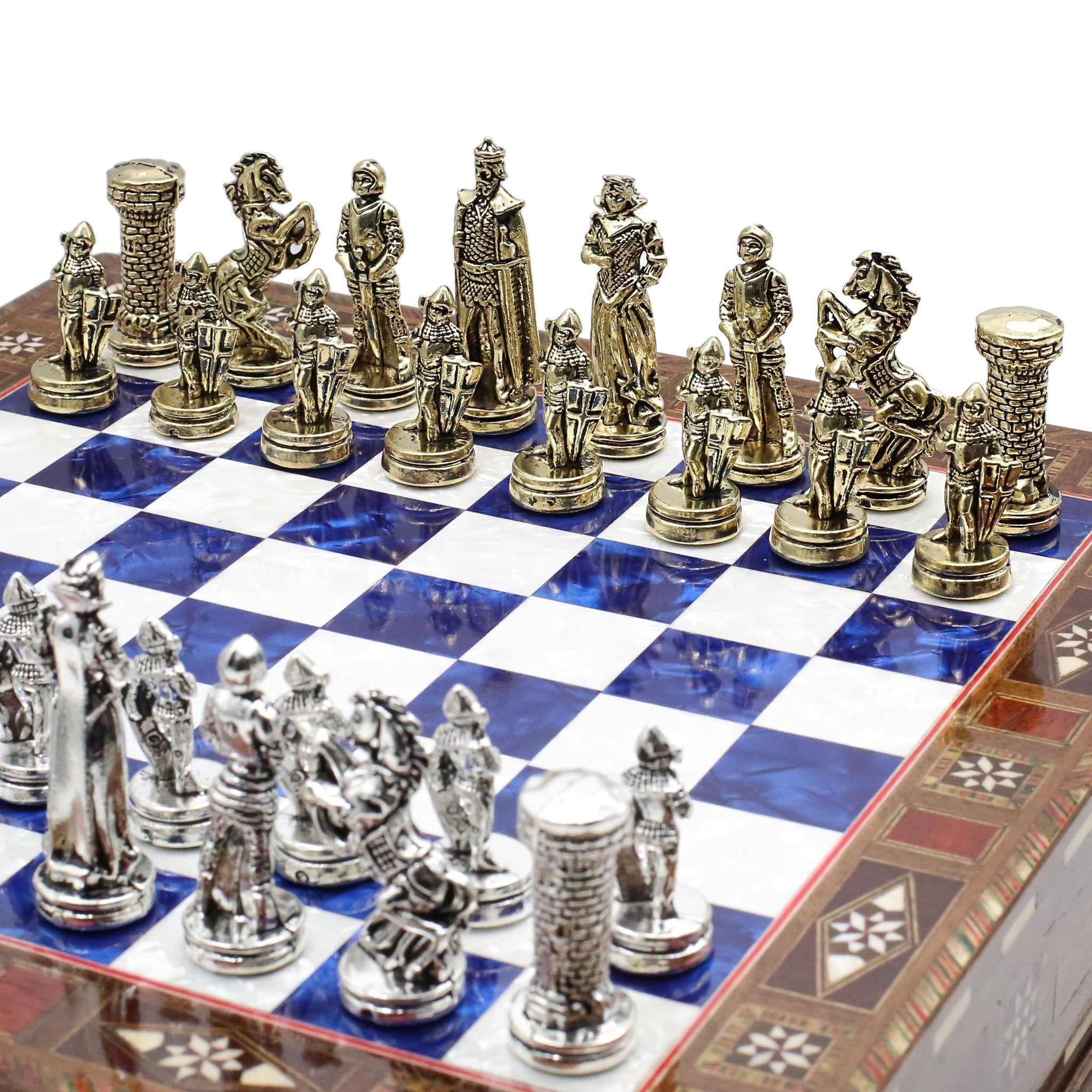 Handmade Inlay Chess Set with Drawer Storage 30 CM (12") - Die Cast Metal Pieces | Medieval British Army - Cooper Chess