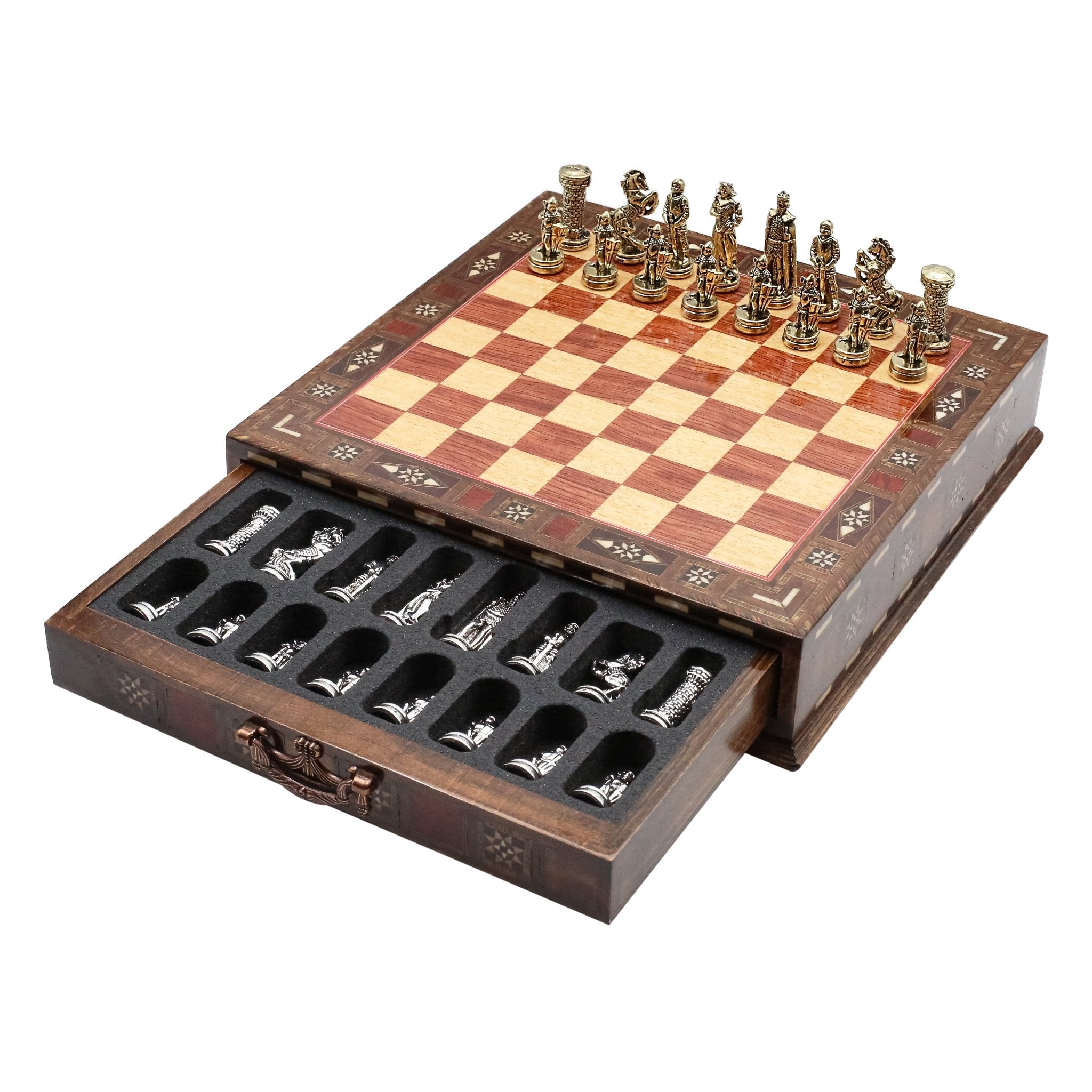 Handmade Inlay Chess Set with Drawer Storage 30 CM (12") - Die Cast Metal Pieces | Medieval British Army - Cooper Chess