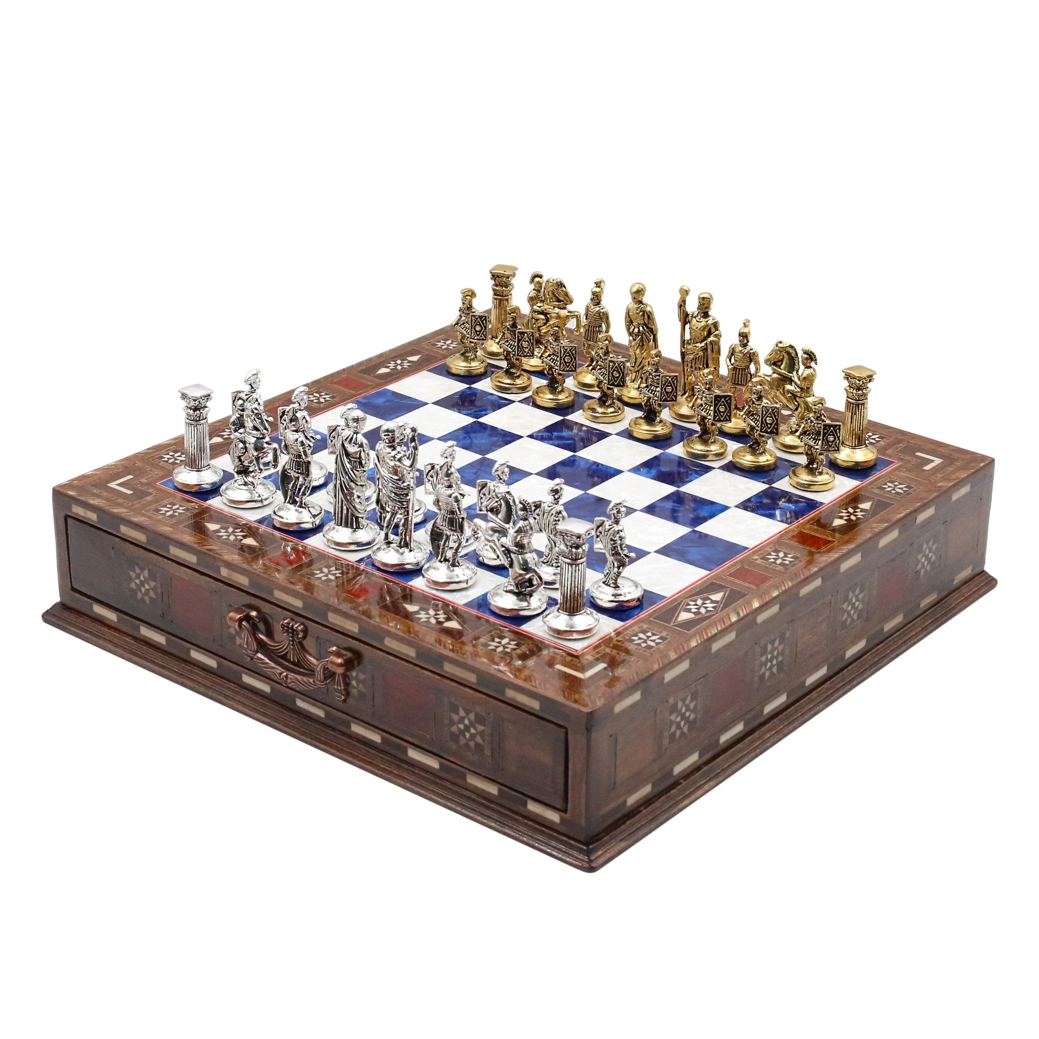 Handmade Inlay Chess Set with Drawer Storage 30 CM (12") - Die Cast Metal Pieces | Roman Empire - Cooper Chess