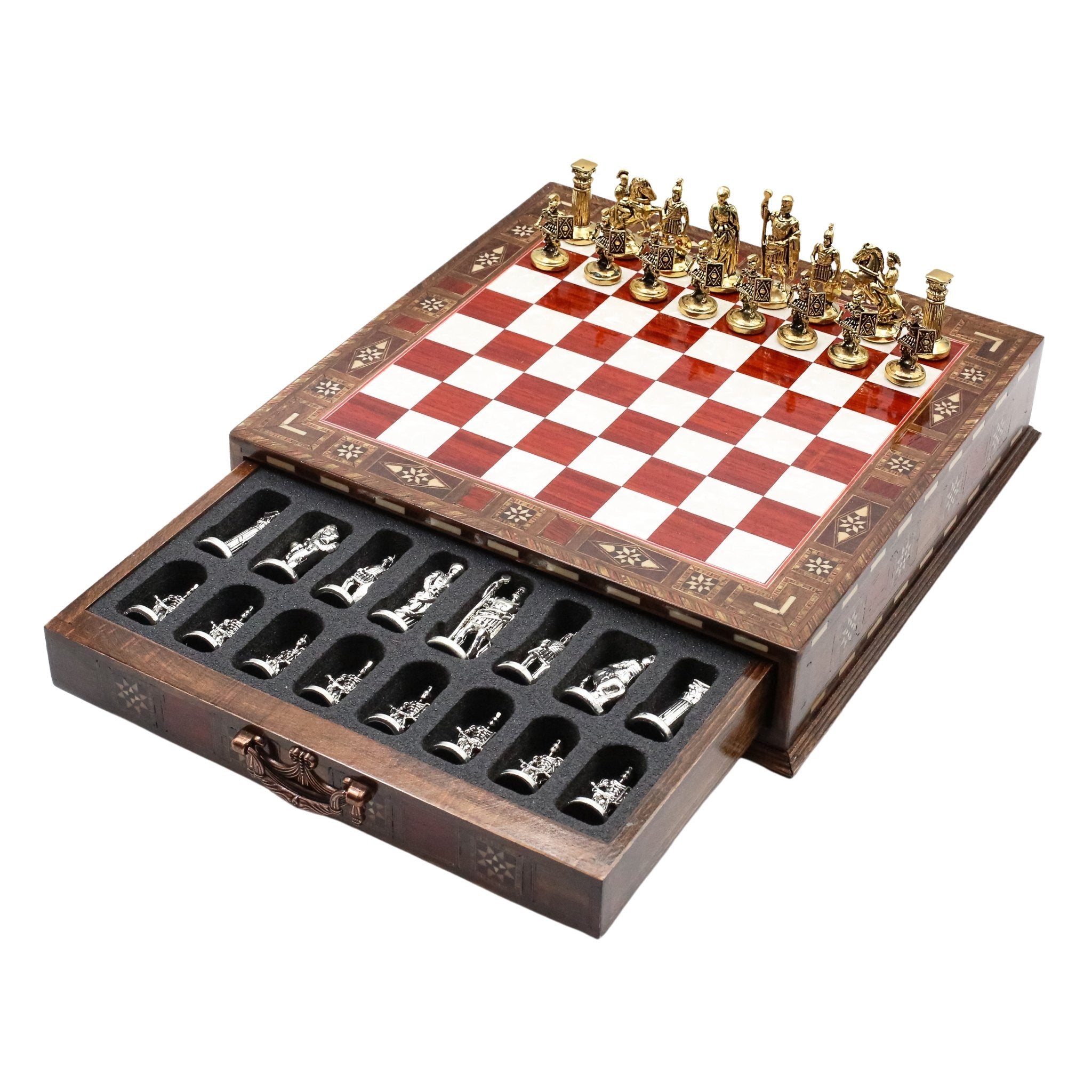 Handmade Inlay Chess Set with Drawer Storage 30 CM (12") - Die Cast Metal Pieces | Roman Empire - Cooper Chess