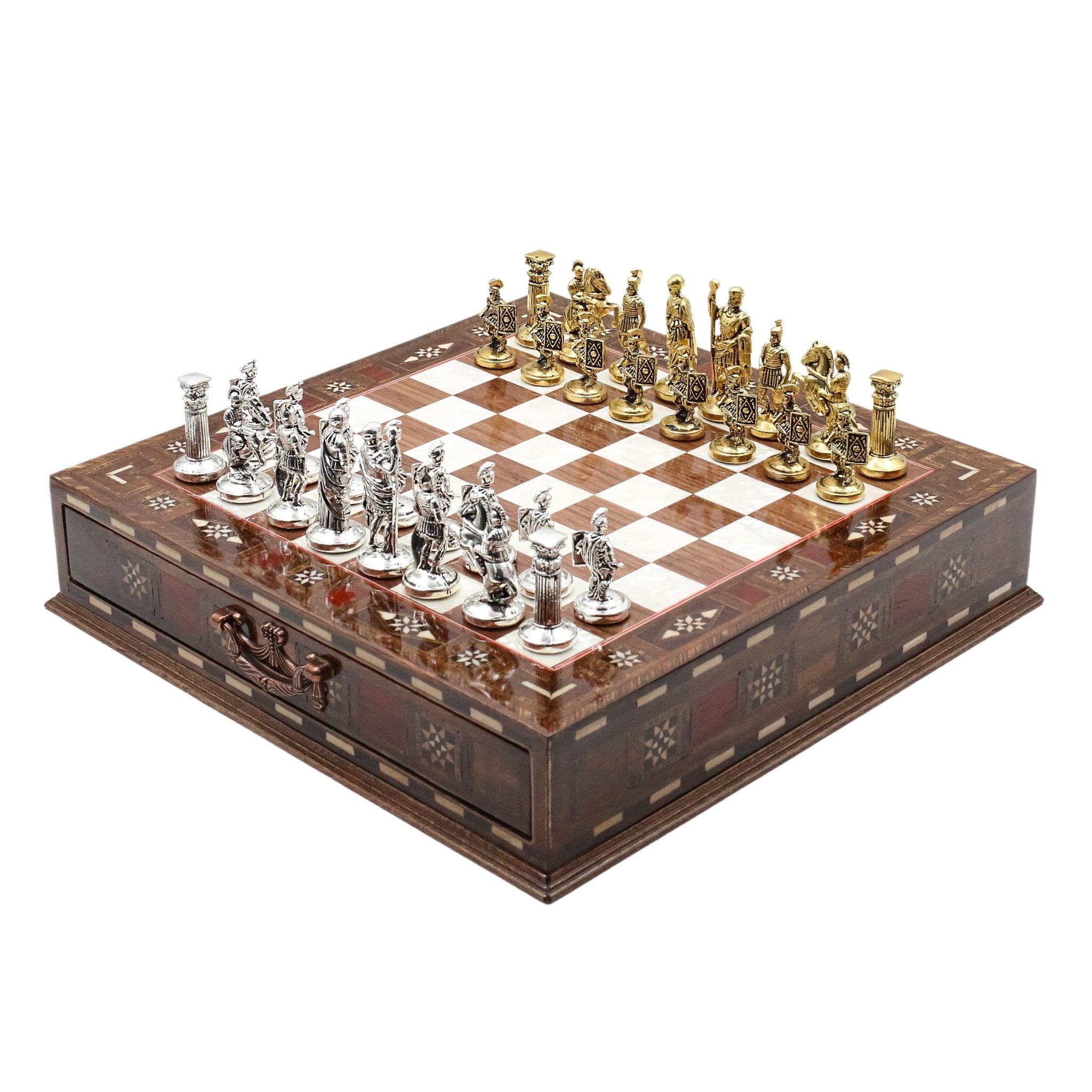 Handmade Inlay Chess Set with Drawer Storage 30 CM (12") - Die Cast Metal Pieces | Roman Empire - Cooper Chess