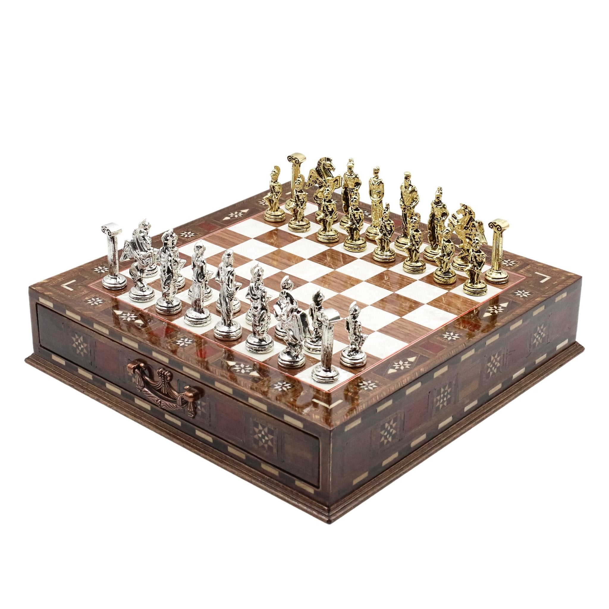 Handmade Inlay Chess Set with Drawer Storage 30 CM (12") - Die Cast Metal Pieces | Greek Mythology Pegasus - Cooper Chess