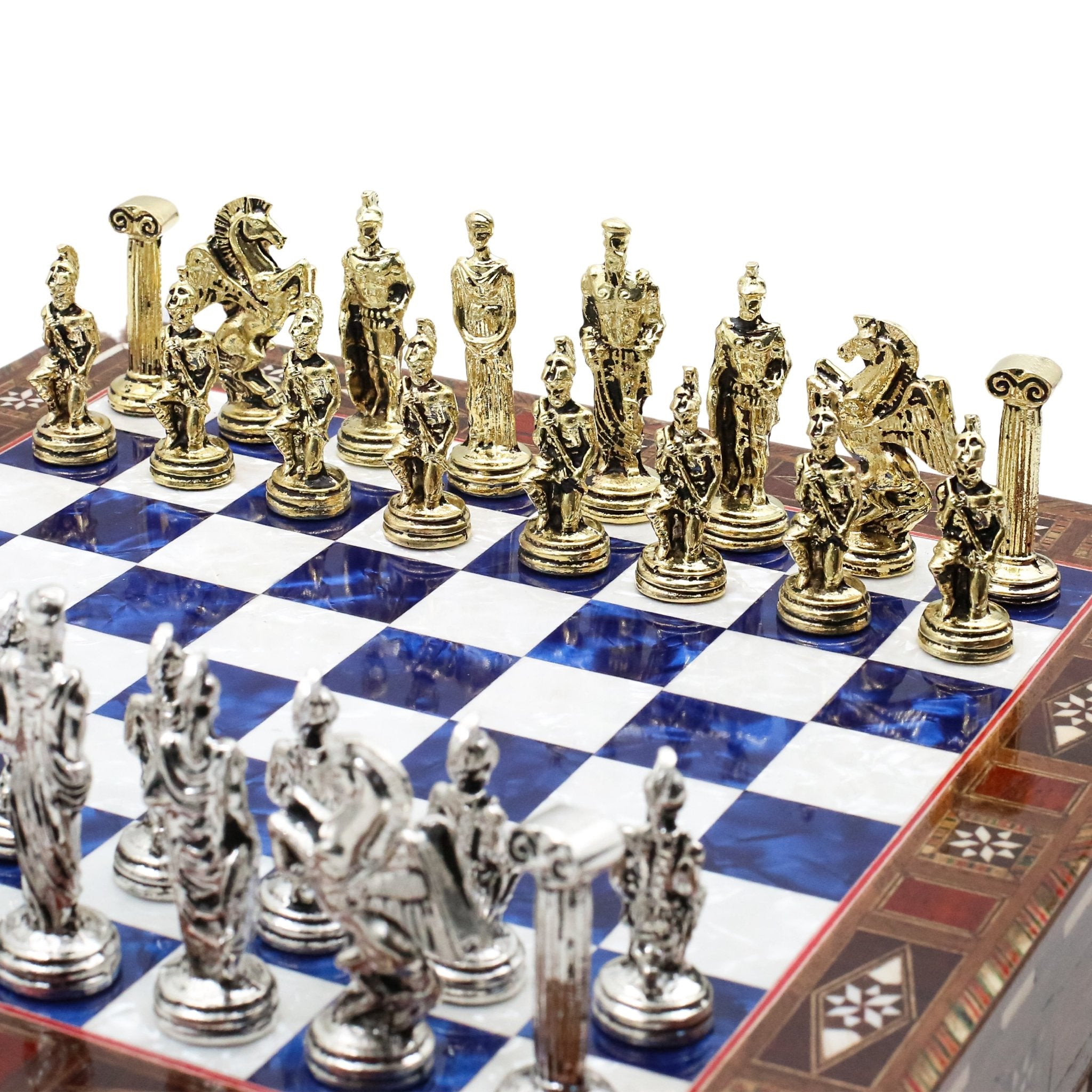Handmade Inlay Chess Set with Drawer Storage 30 CM (12") - Die Cast Metal Pieces | Greek Mythology Pegasus - Cooper Chess