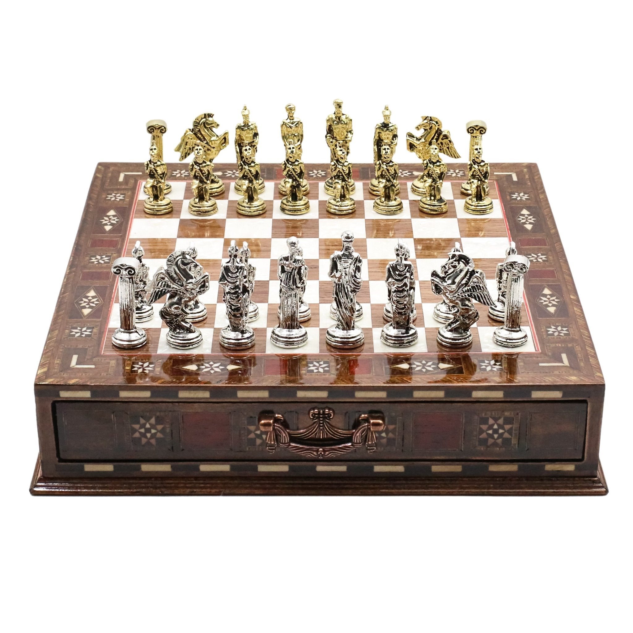 Handmade Inlay Chess Set with Drawer Storage 30 CM (12") - Die Cast Metal Pieces | Greek Mythology Pegasus - Cooper Chess